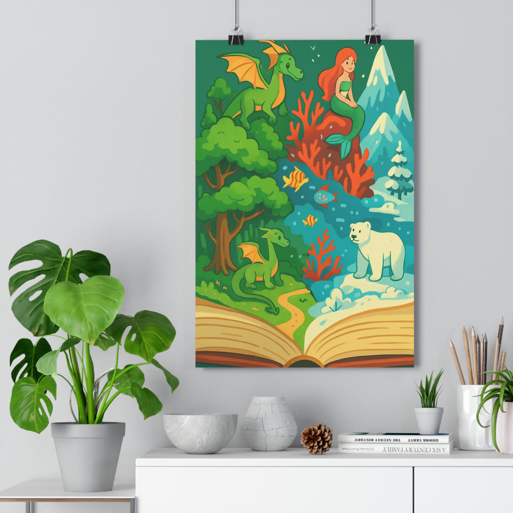 Poster décoratif féerique vert bleu rouge aventure mystique chambre salon enfant nature magique lumineux