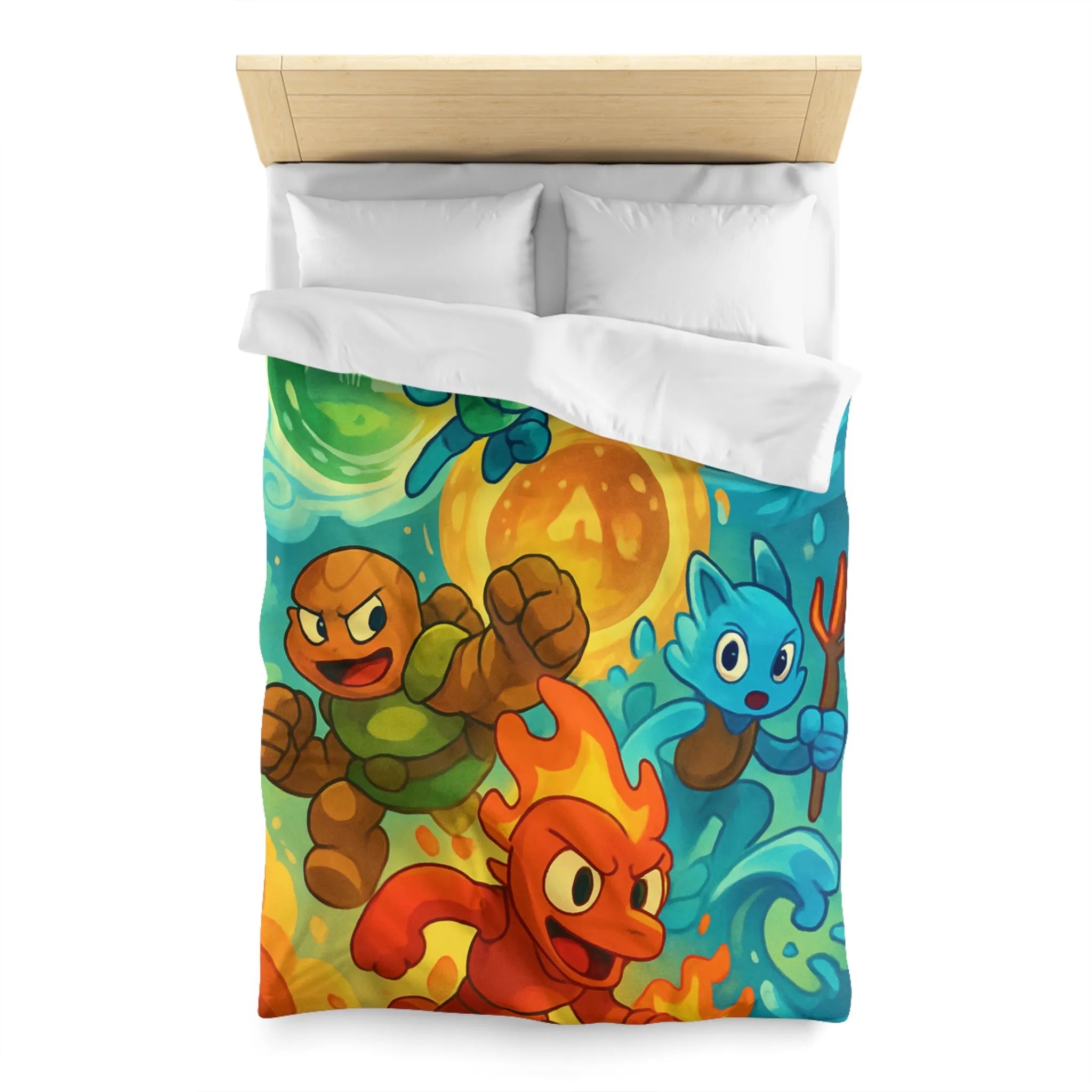 Housse de couette colorée avec motif de personnages d'éléments dans style aventure fantastique