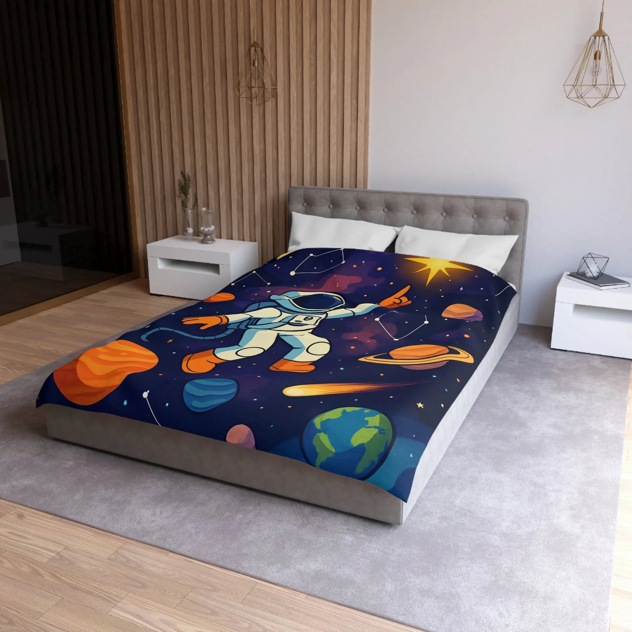 Housse de Couette Astronaute Enfantine avec Étoiles, Planètes et Constellations Colorées pour Chambre