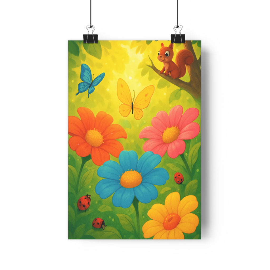 Poster décoratif jardin enchanté cartoon écureuil papillons fleurs pastel vibrant enfant magique chambre qualité