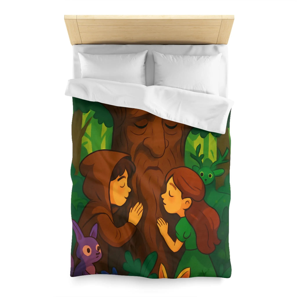 Housse de couette forêt enchantée avec animaux, arbres sages et personnages rêveurs
