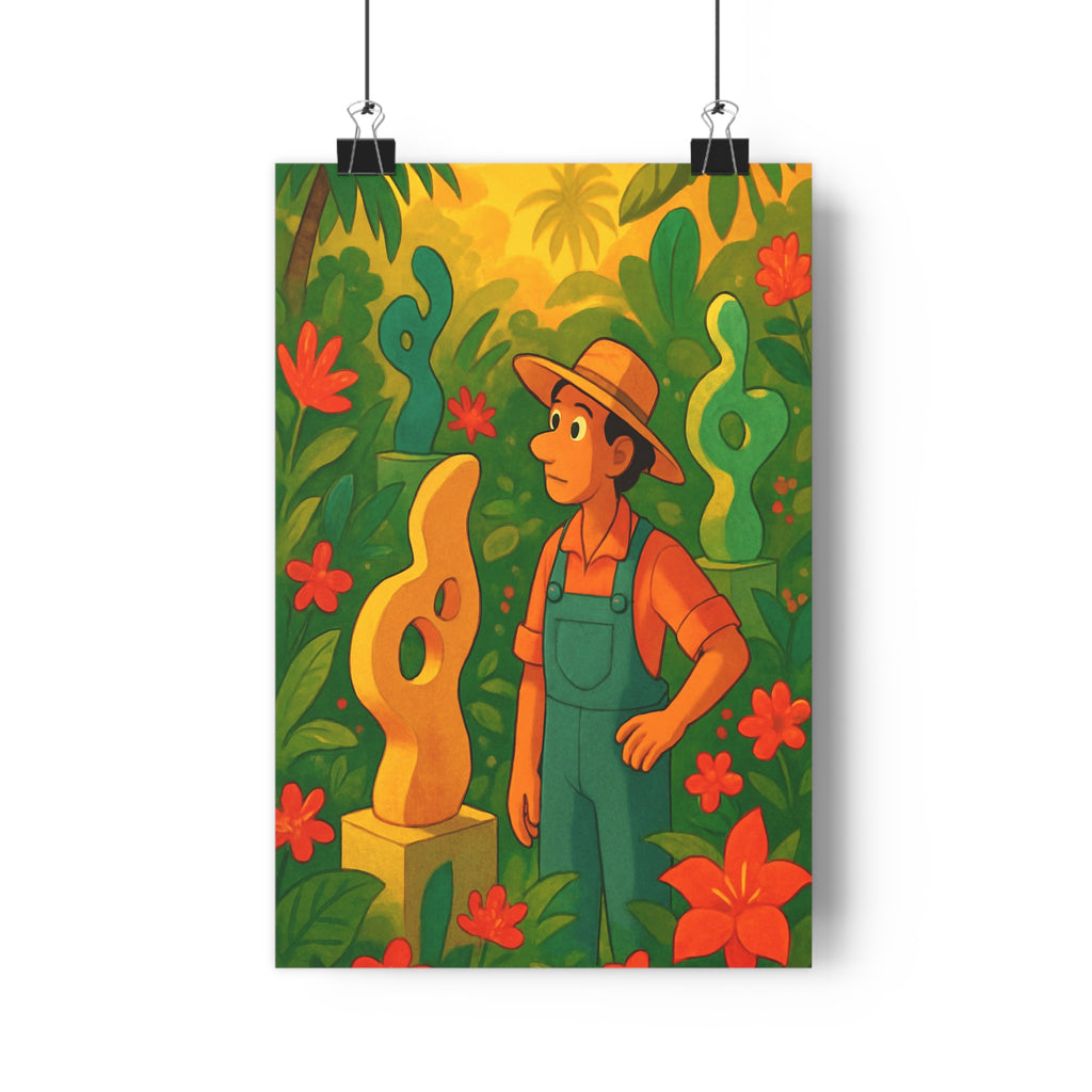 Poster décoratif jardin coloré cartoon surréaliste rouge vert jaune salon abstrait exotique vibrant 30x46