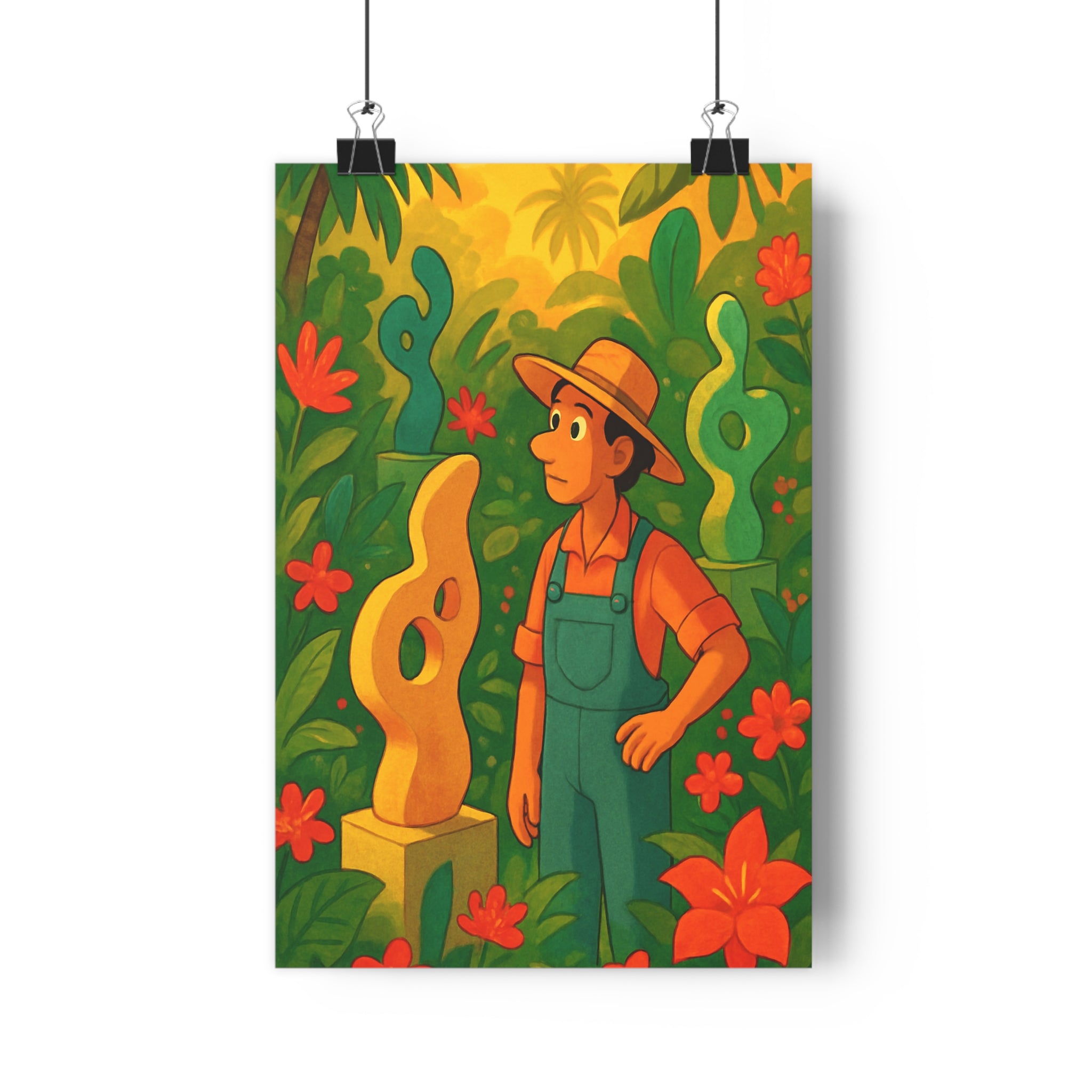 Poster décoratif jardin coloré cartoon surréaliste rouge vert jaune salon abstrait exotique vibrant 30x46