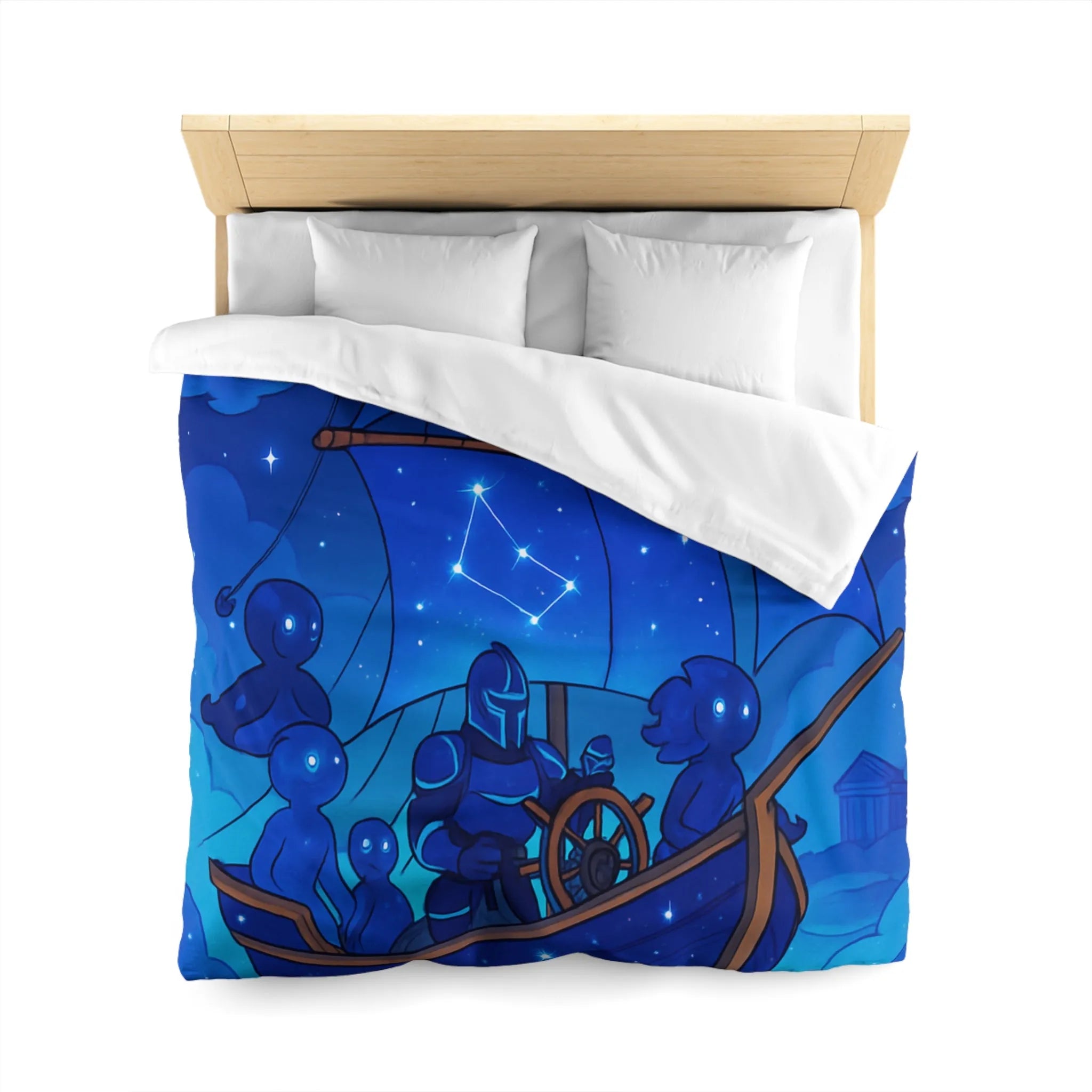 Housse de Couette Inspirée Ciel Étoilé avec Bateau et Constellations Bleu Nuit