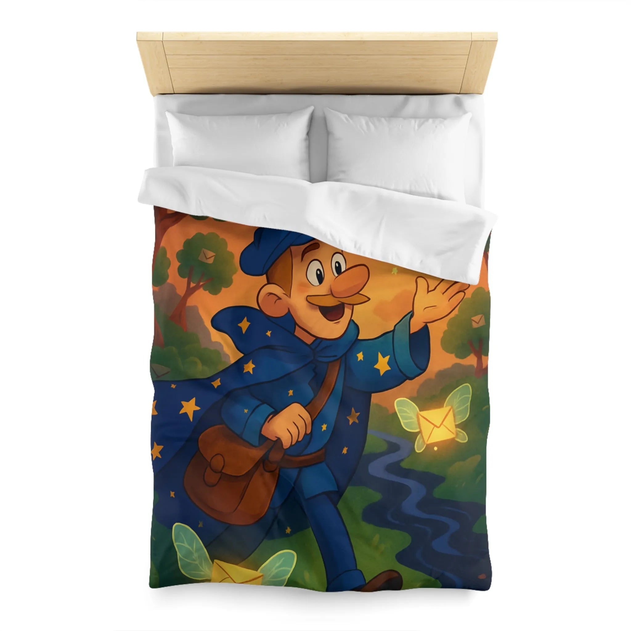 Housse de Couette Enfantine Magique Forêt Ambiance Nocturne Étoiles Arborées Postier Joyeux