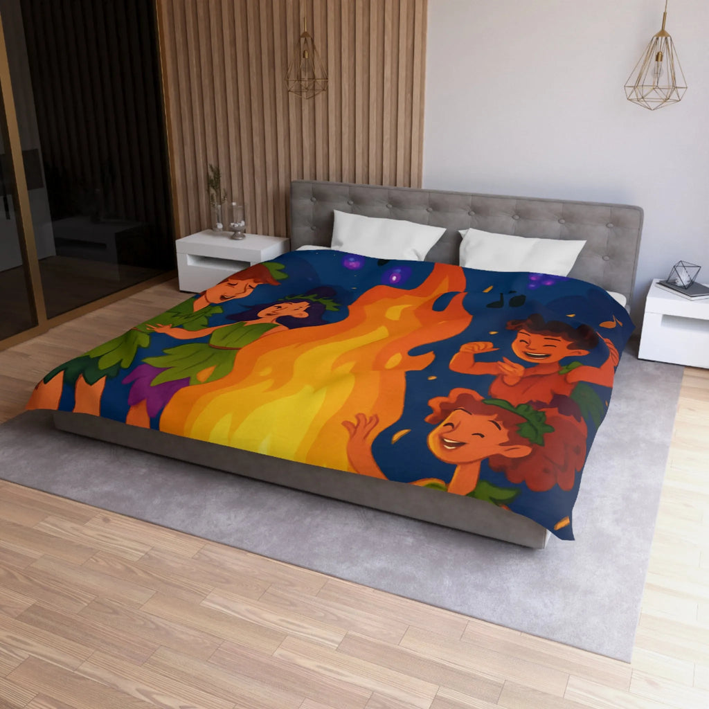 Housse de couette joyeuse autour d'un feu de camp avec enfants et raisins dansants