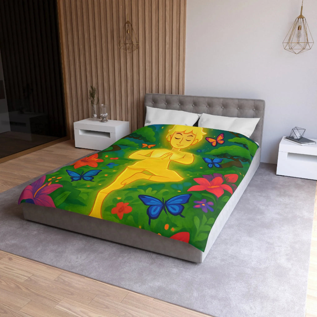 Housse de Couette avec Design Méditatif et Papillons Multicolores en Forêt Luxuriante