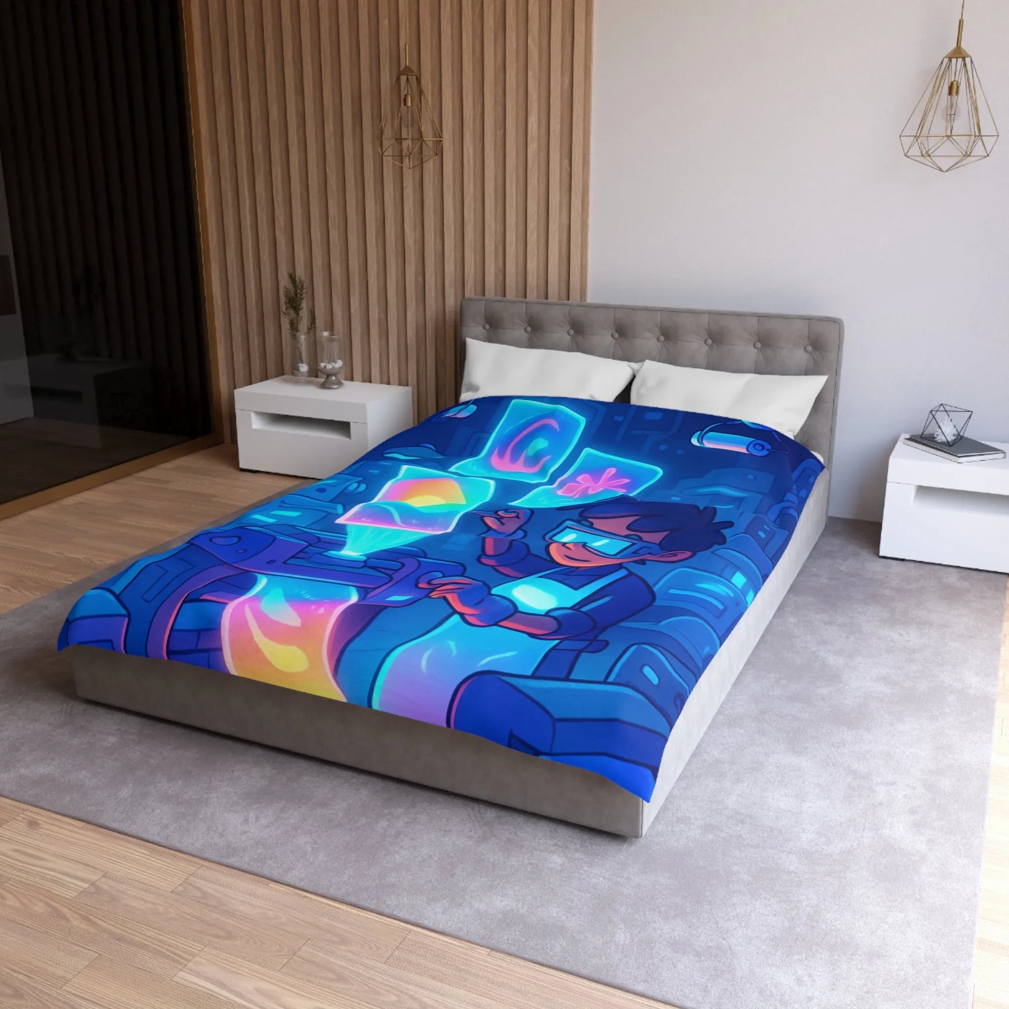 Housse de couette avec design futuriste lumineux d'imprimante et personnage créatif