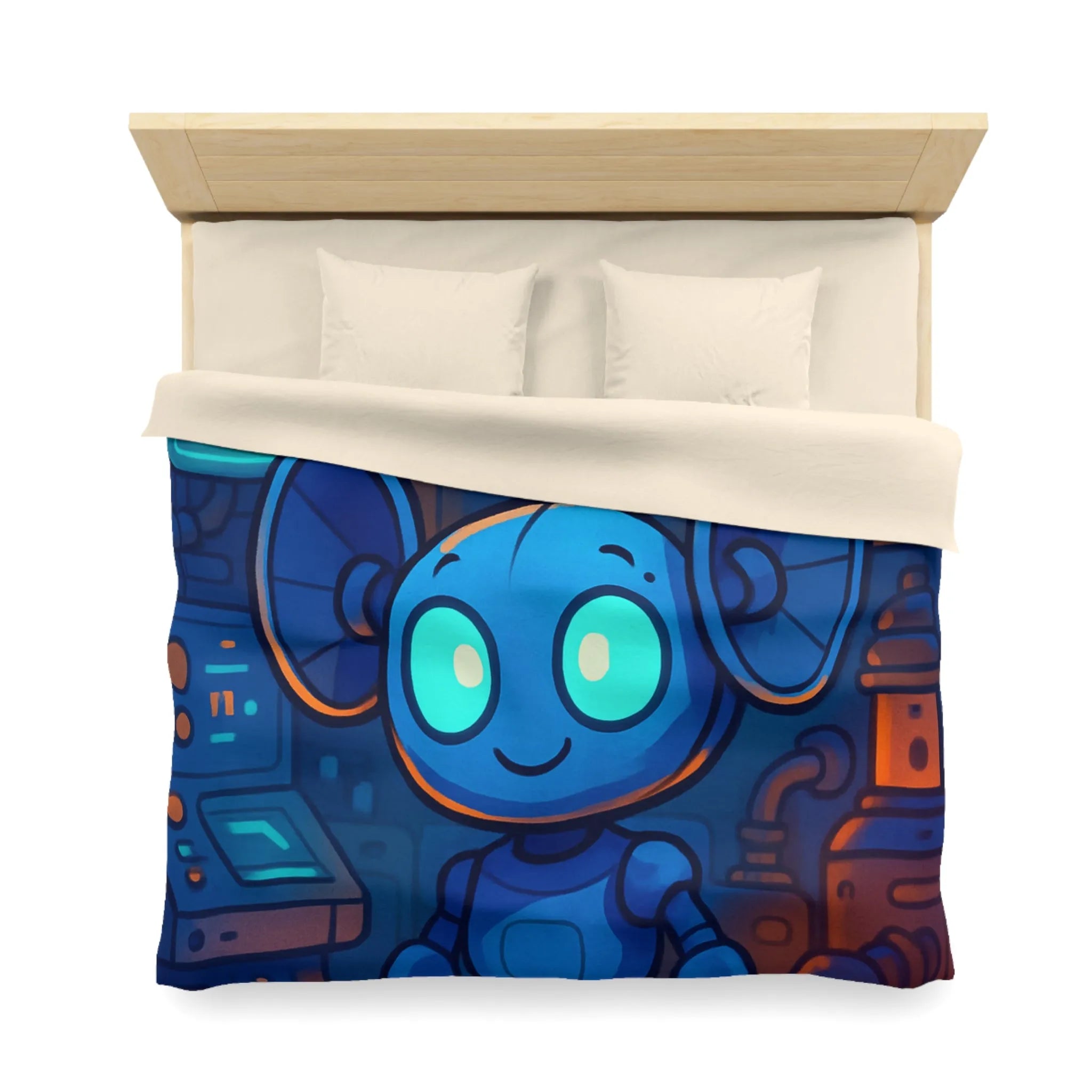 Housse de couette enfant motif robot mignon bleu dans laboratoire futuriste nuit