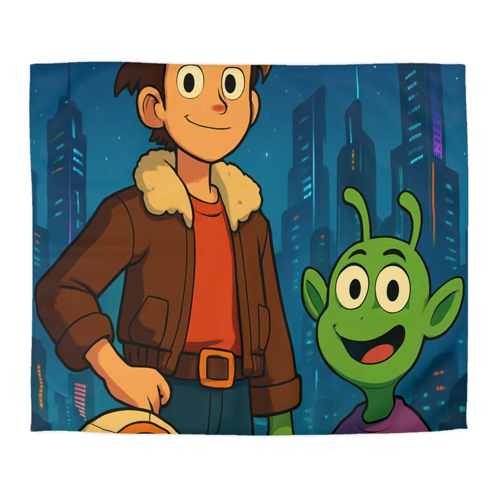 Housse de Couette Colorée avec Enfant et Alien, Aventures dans la Ville Futuriste