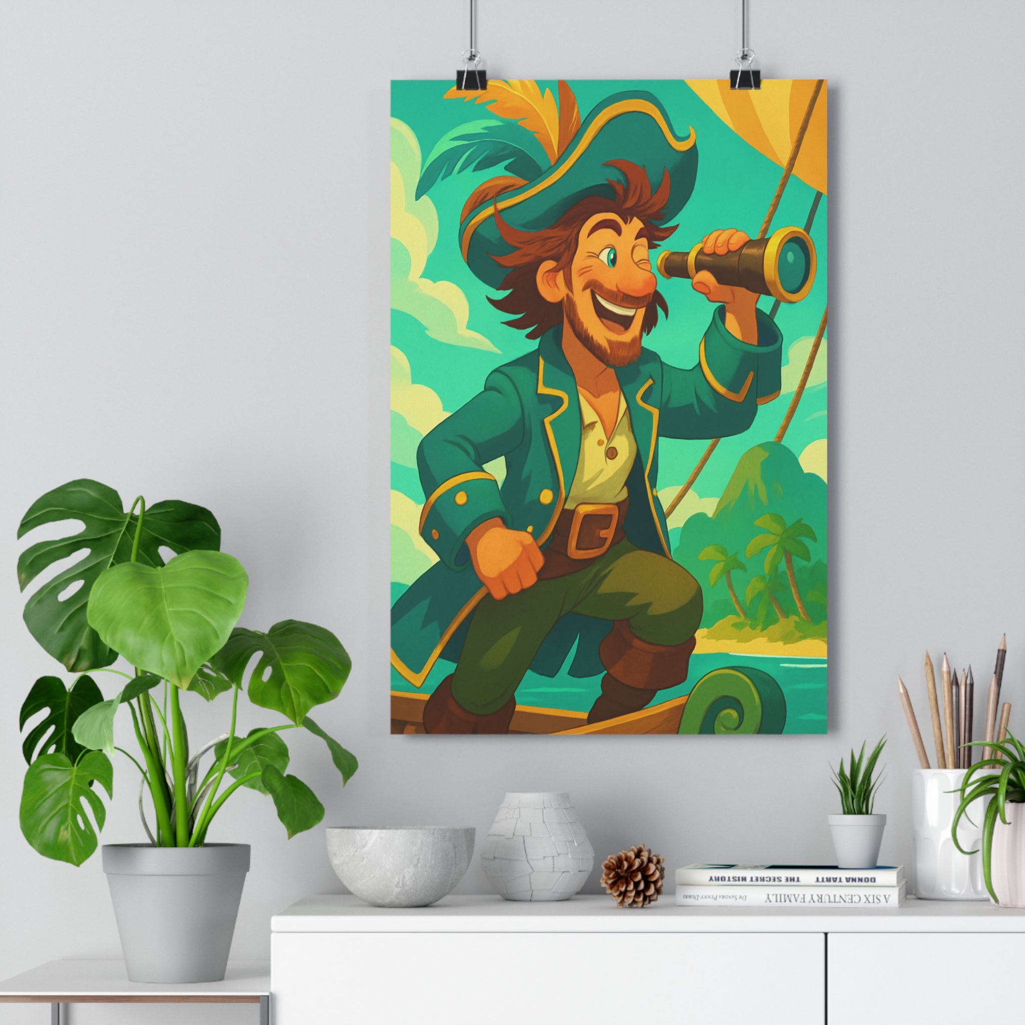 Poster décoratif pirate dessin animé bleu doré aventure joyeux tropical chambre enfant vibrant unique