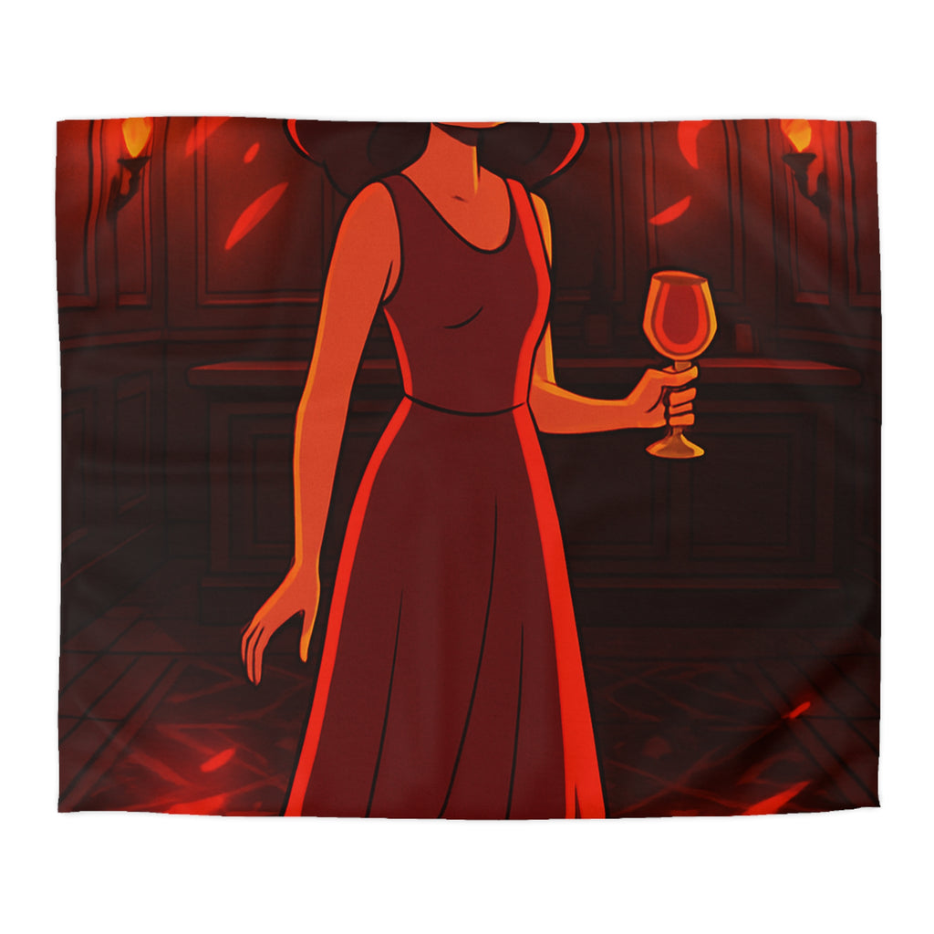 Housse de couette rouge élégante avec motif femme et reflets lumineux mystérieux