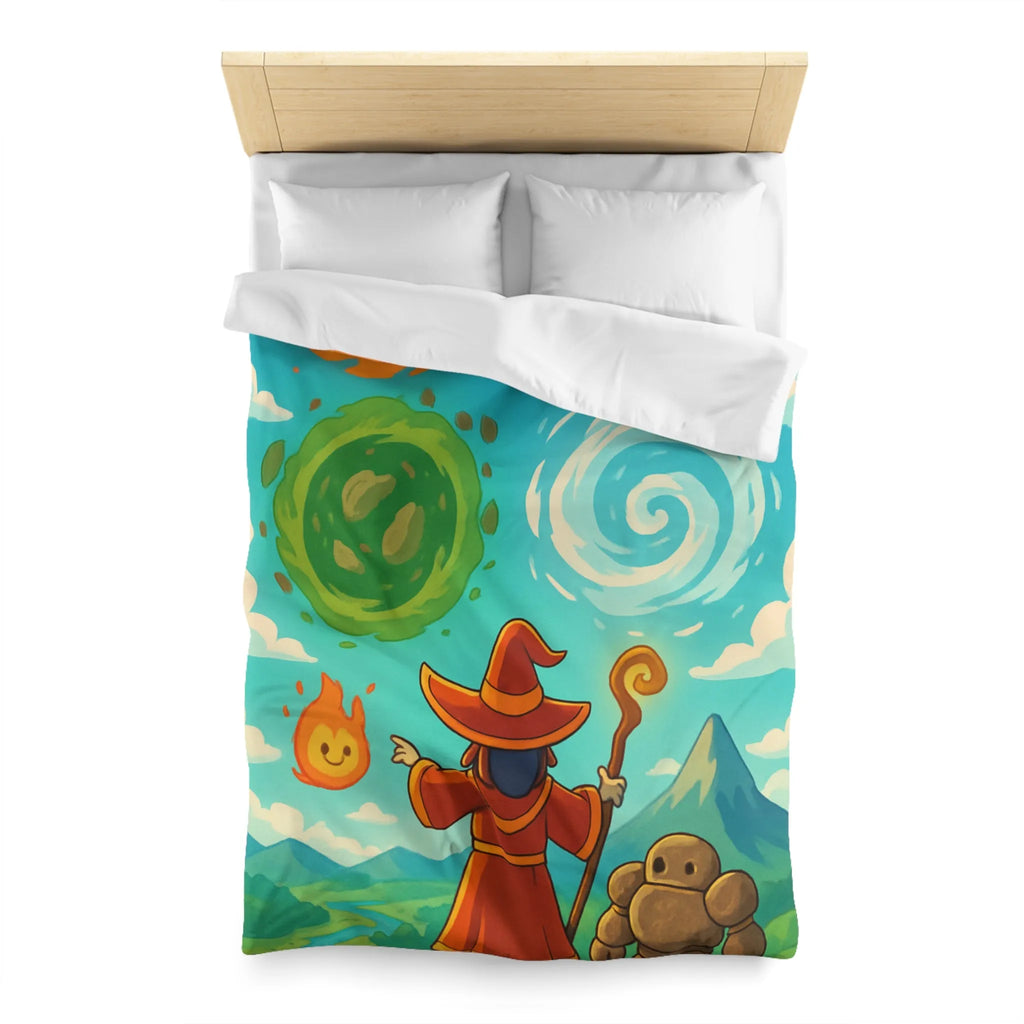 Housse de couette avec illustration magique de sorcier, élémentaires et paysage vibrant