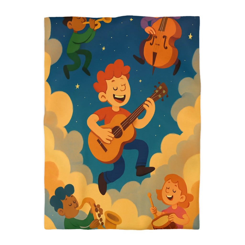 Housse de couette colorée avec musiciens joyeux flottant parmi les nuages étoilés