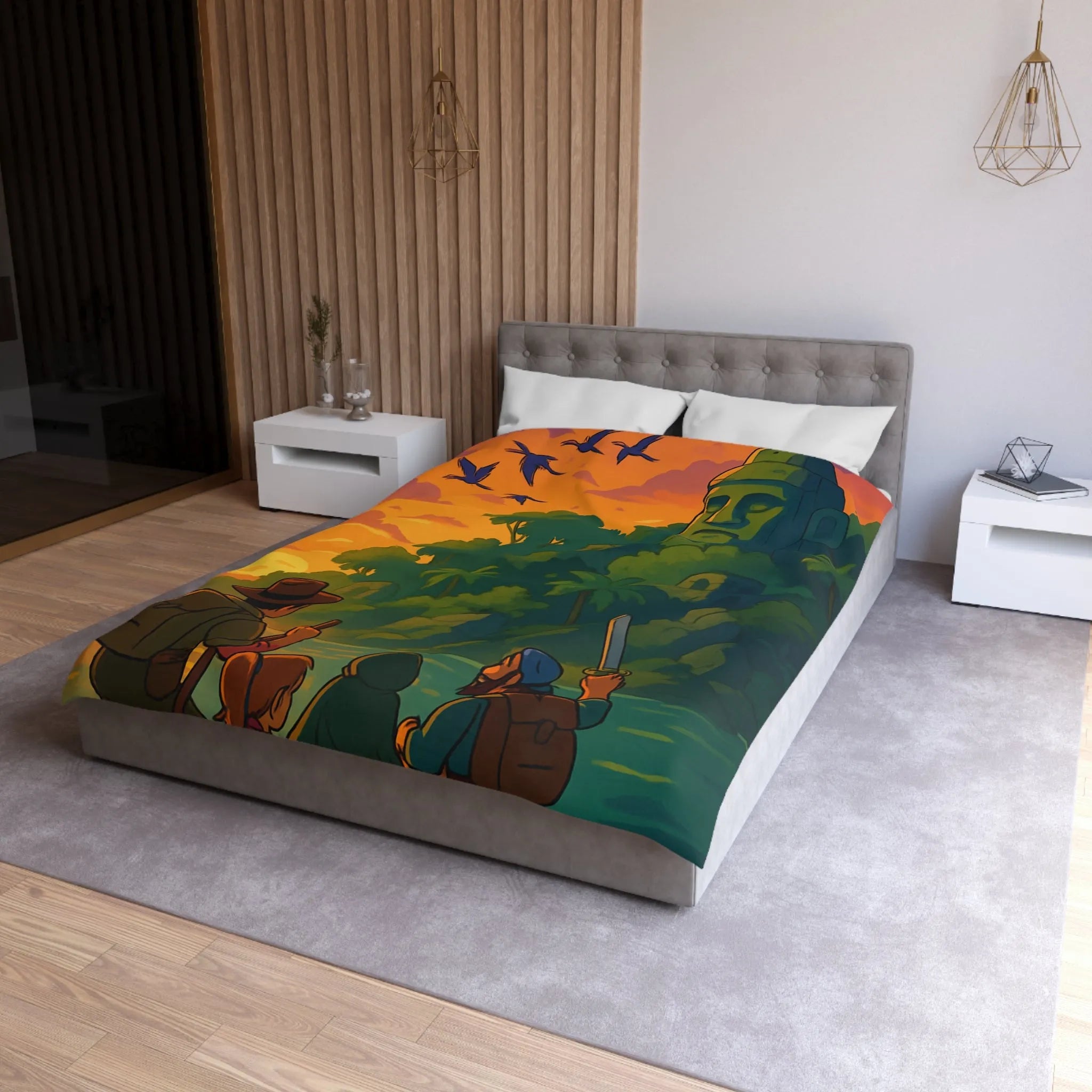 Housse de couette aventureuse avec scène tropicale au coucher du soleil et ruines mystérieuses