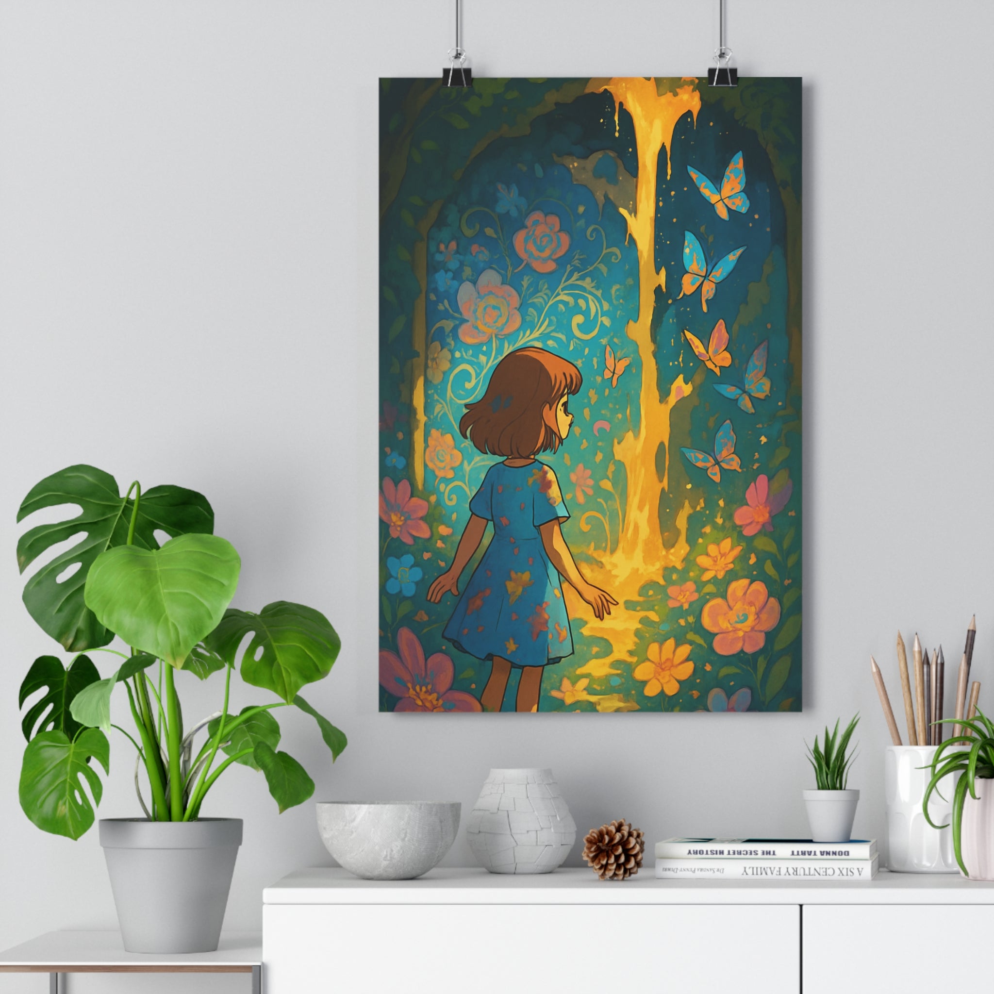 Poster décoratif pastel doré cartoon féerique jardin secret magie chambre enfant fleurs papillons lumineux