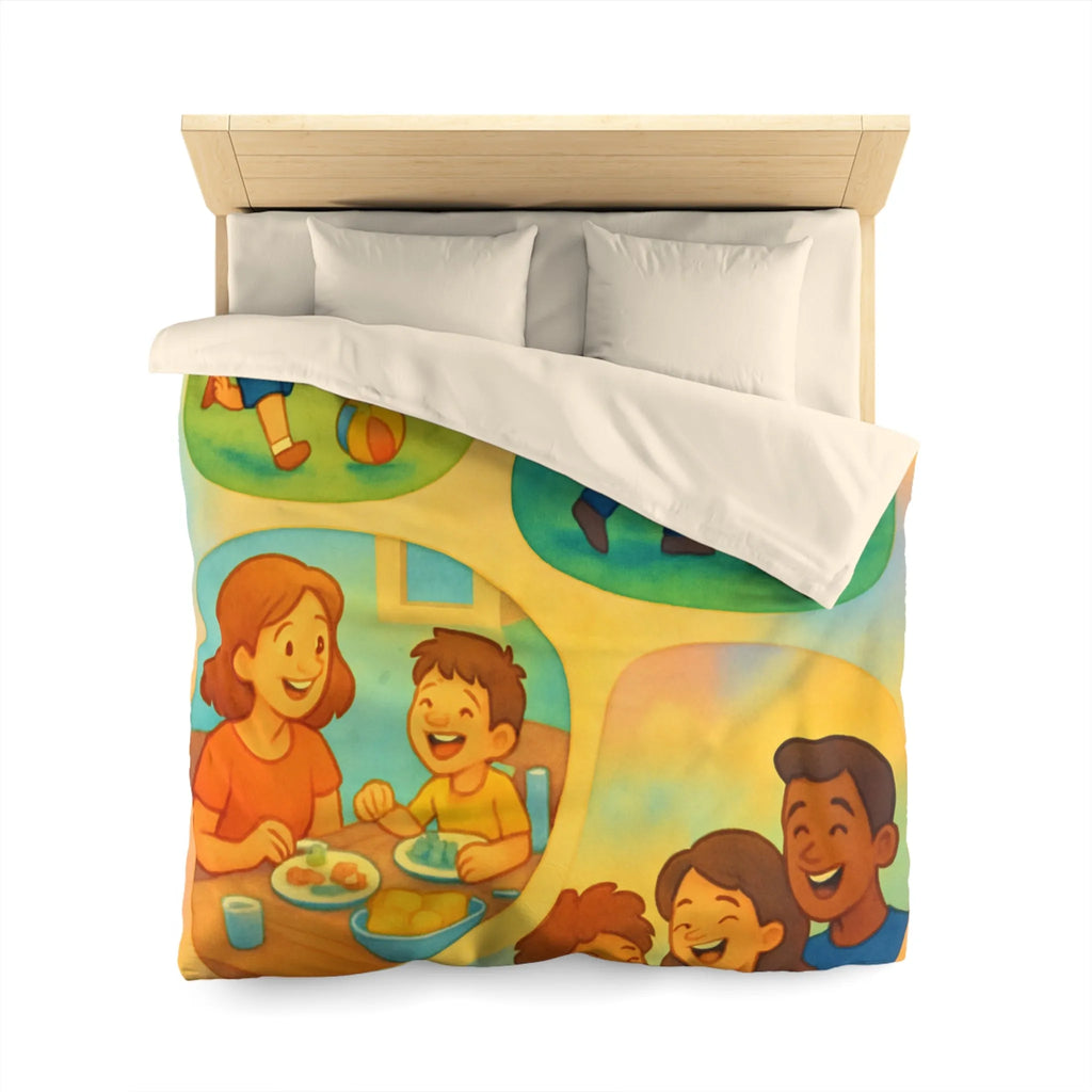 Housse de couette colorée illustrant des scènes joyeuses de la vie quotidienne familiale
