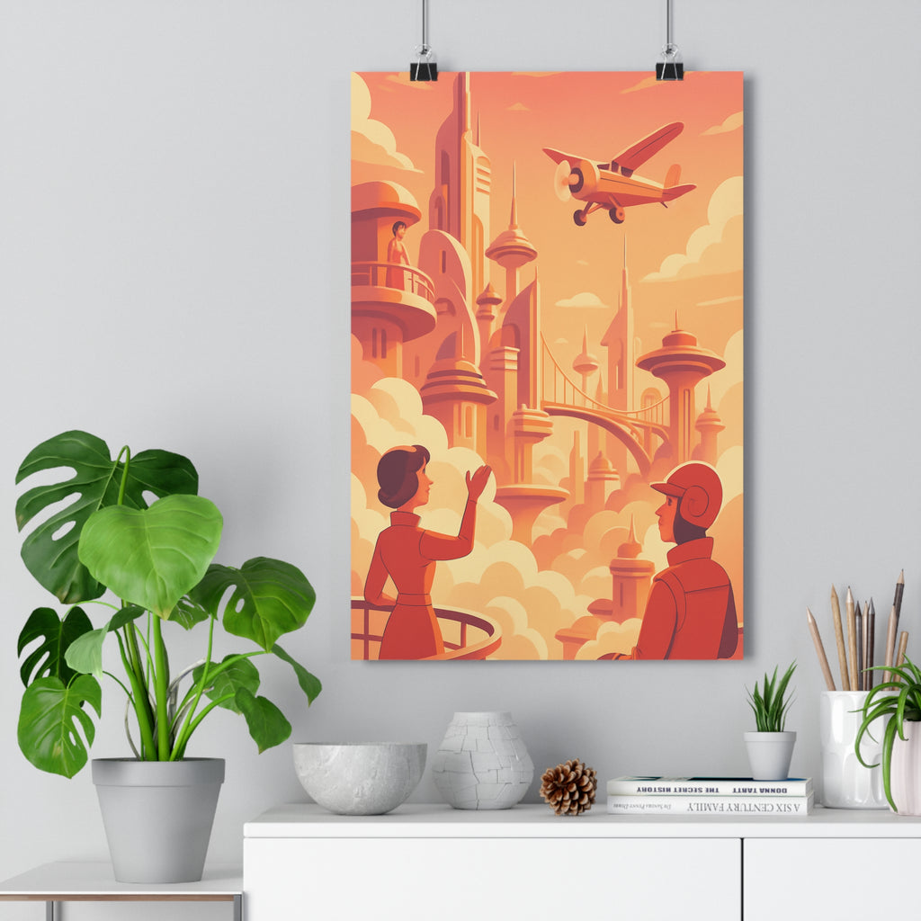 Poster décoratif rétrofuturiste orange rose salon bureau rêveur nostalgique moderne design unique inspirant élégant