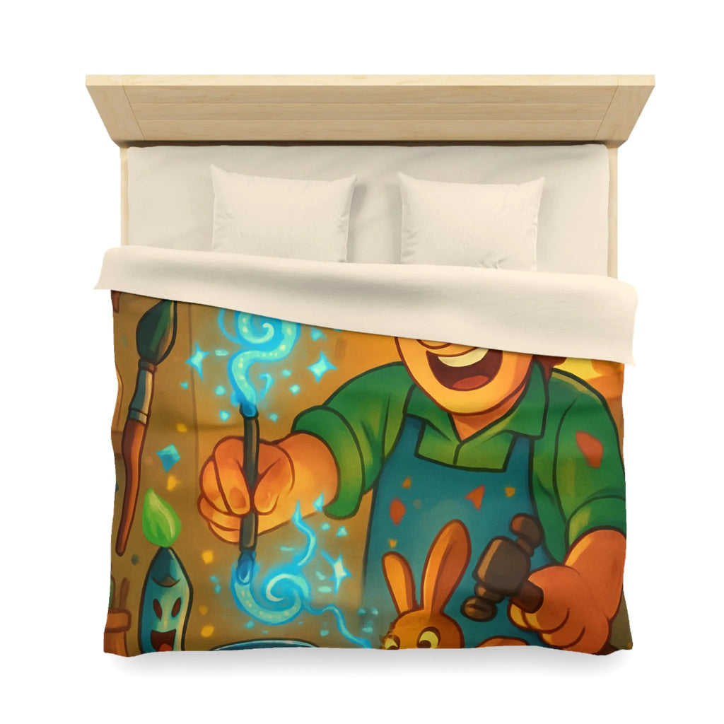 Artisan heureux sculpte figurines magiques dans atelier en bois lumineux et coloré