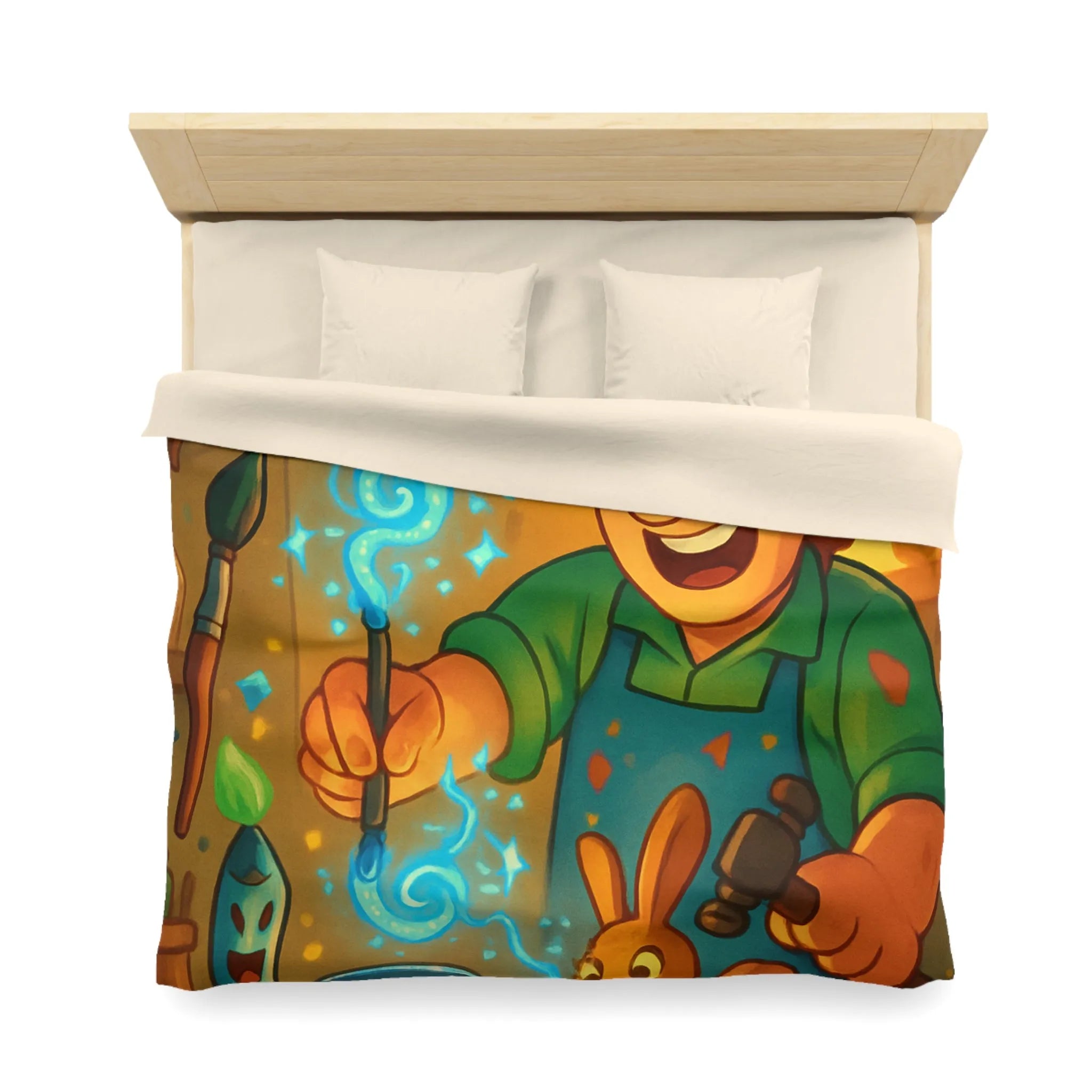 Artisan heureux sculpte figurines magiques dans atelier en bois lumineux et coloré