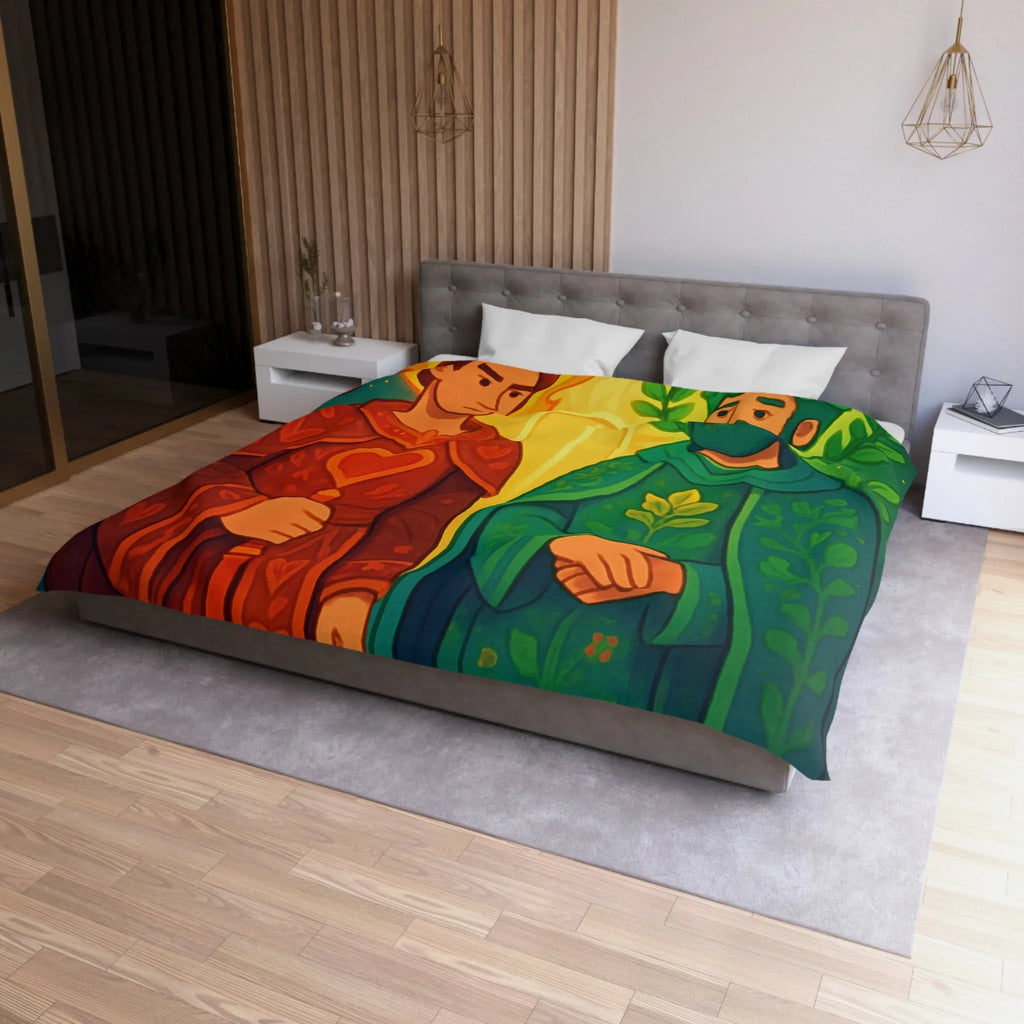 Housse de Couette Colorée avec Illustration Médiévale de Personnages Mystiques et Oiseaux Enchantés