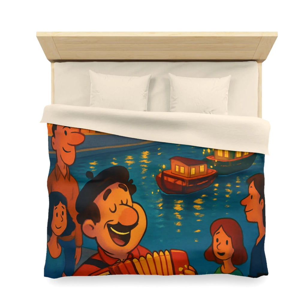 Housse de couette avec illustration animée d'une scène joyeuse au bord de la rivière