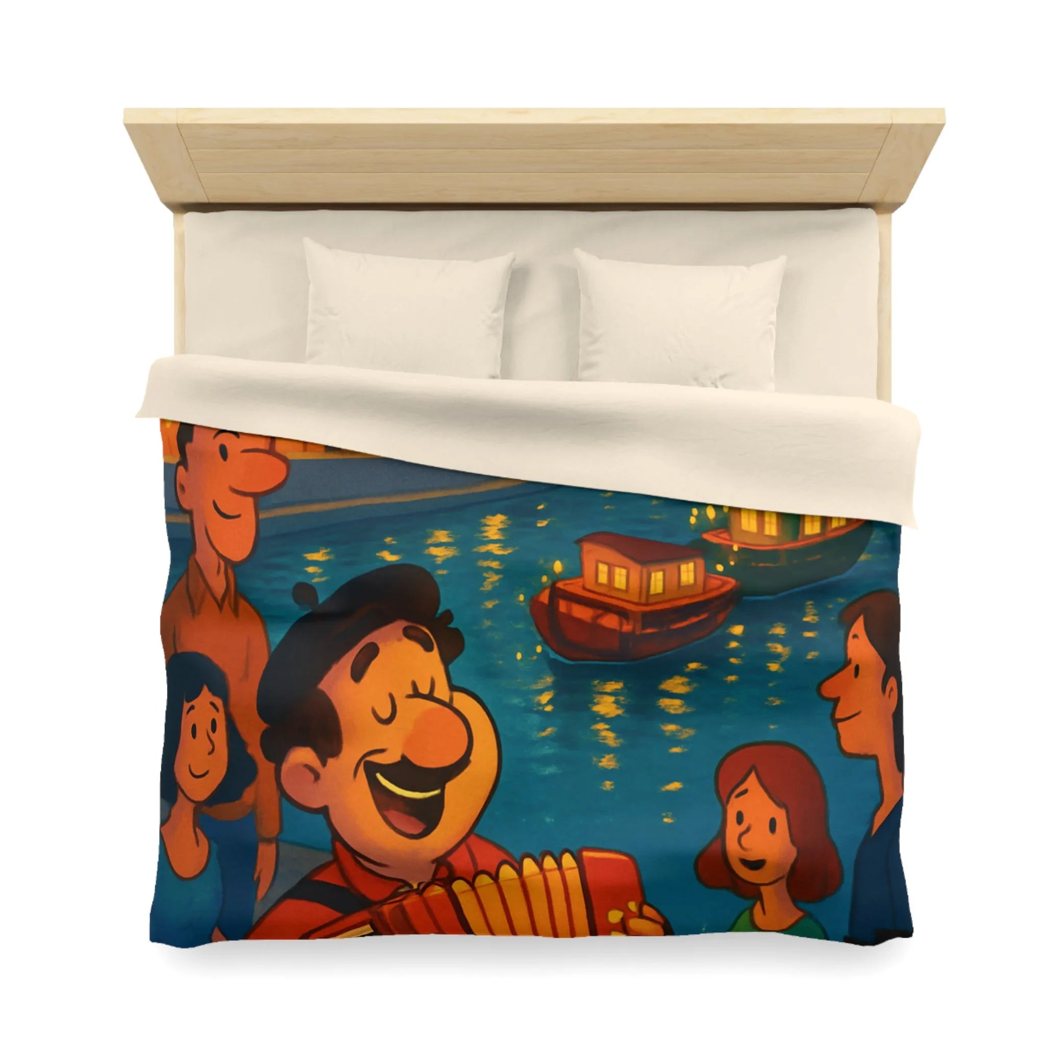 Housse de couette avec illustration animée d'une scène joyeuse au bord de la rivière