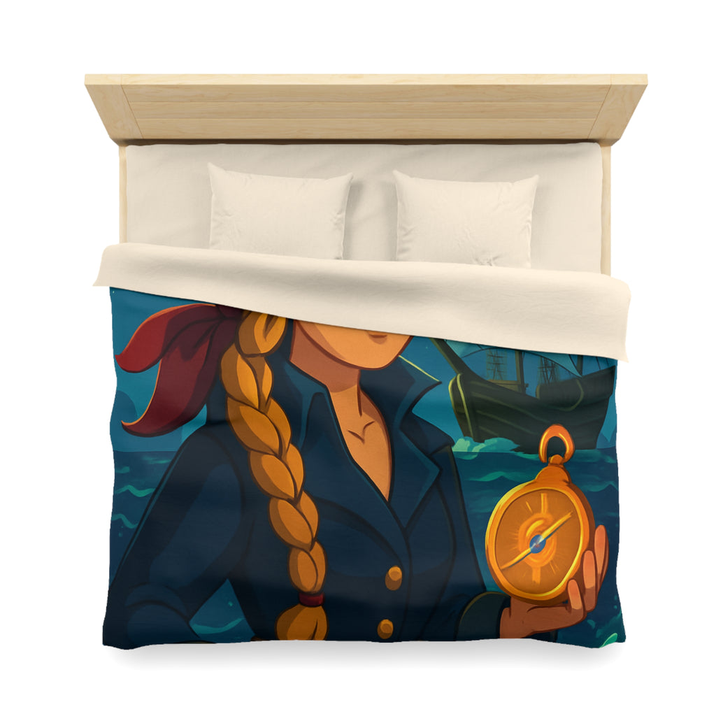 Housse de couette pirate colorée avec femme audacieuse, boussole et bateau illuminé