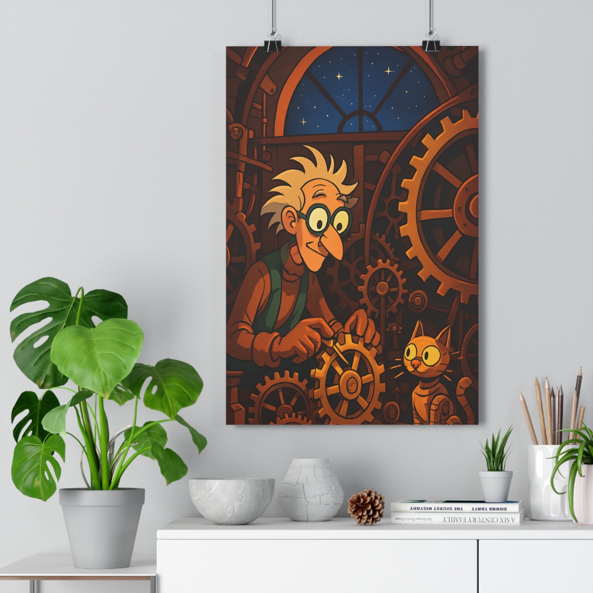 Poster décoratif steampunk cuivre brun ludique chambre adulte inventeur atelier mécanique chat roue qualité