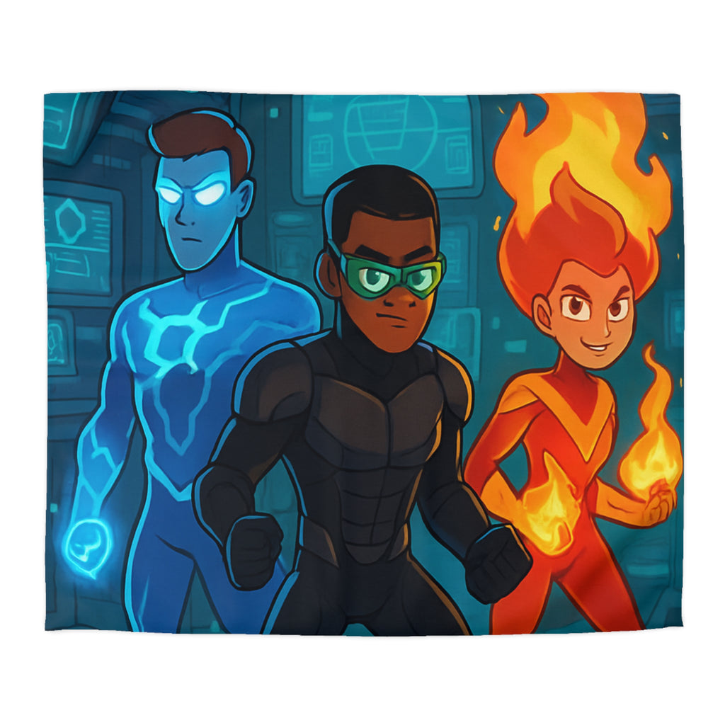 Housse de couette super-héros colorée avec motifs de feu, glace et technologie futuriste