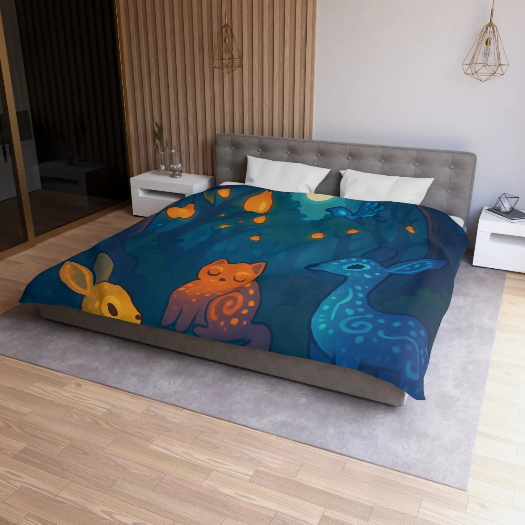 Housse de couette féerique avec animaux et forêt illuminée de lanternes magiques