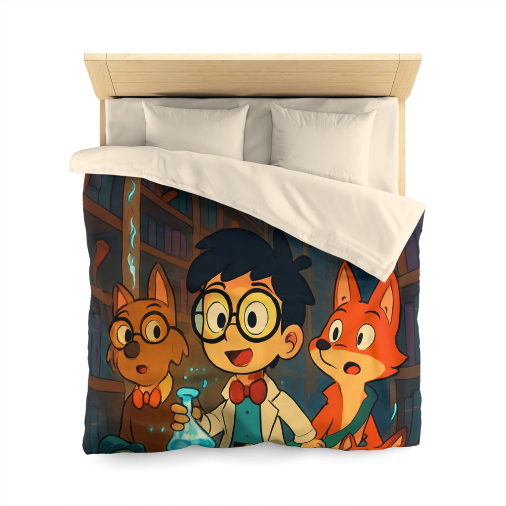 Housse de couette pour enfants avec dessin animé de bibliothèque magique et animaux curieux