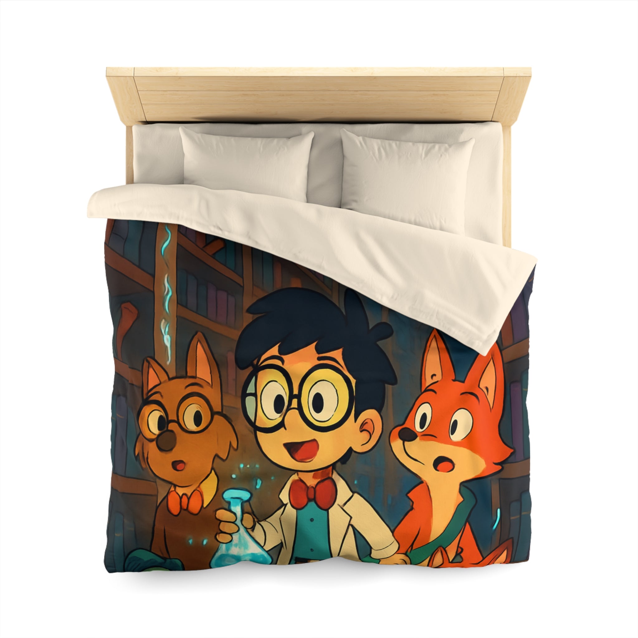 Housse de couette pour enfants avec dessin animé de bibliothèque magique et animaux curieux