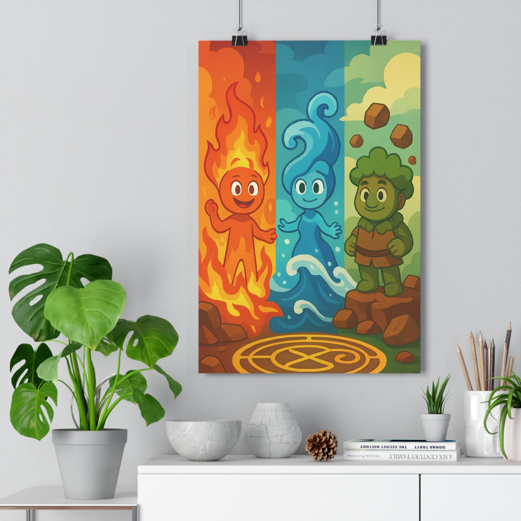 Poster décoratif cartoon fantastique feu eau terre couleurs chaudes froides salon chambre dynamique harmonieux