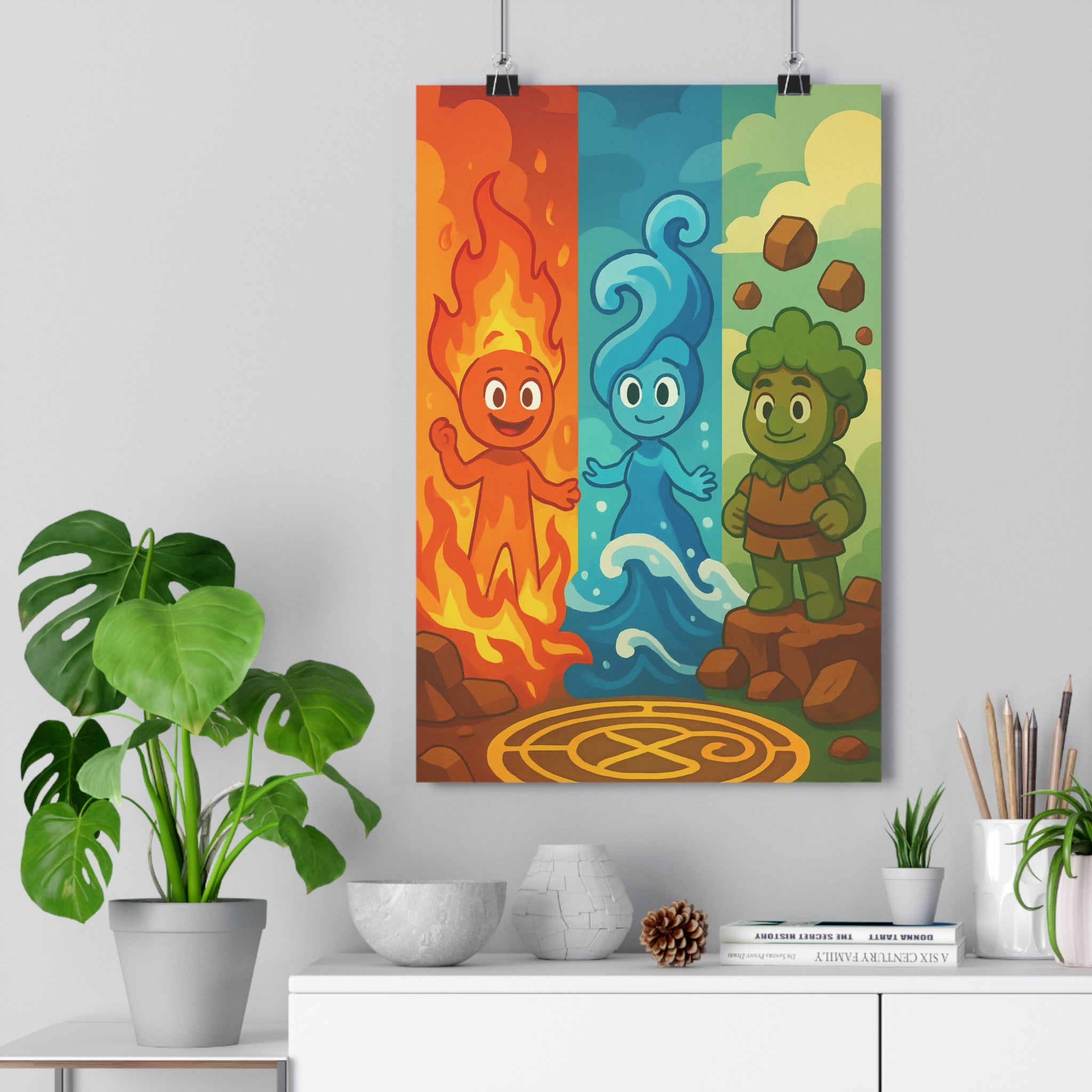 Poster décoratif cartoon fantastique feu eau terre couleurs chaudes froides salon chambre dynamique harmonieux