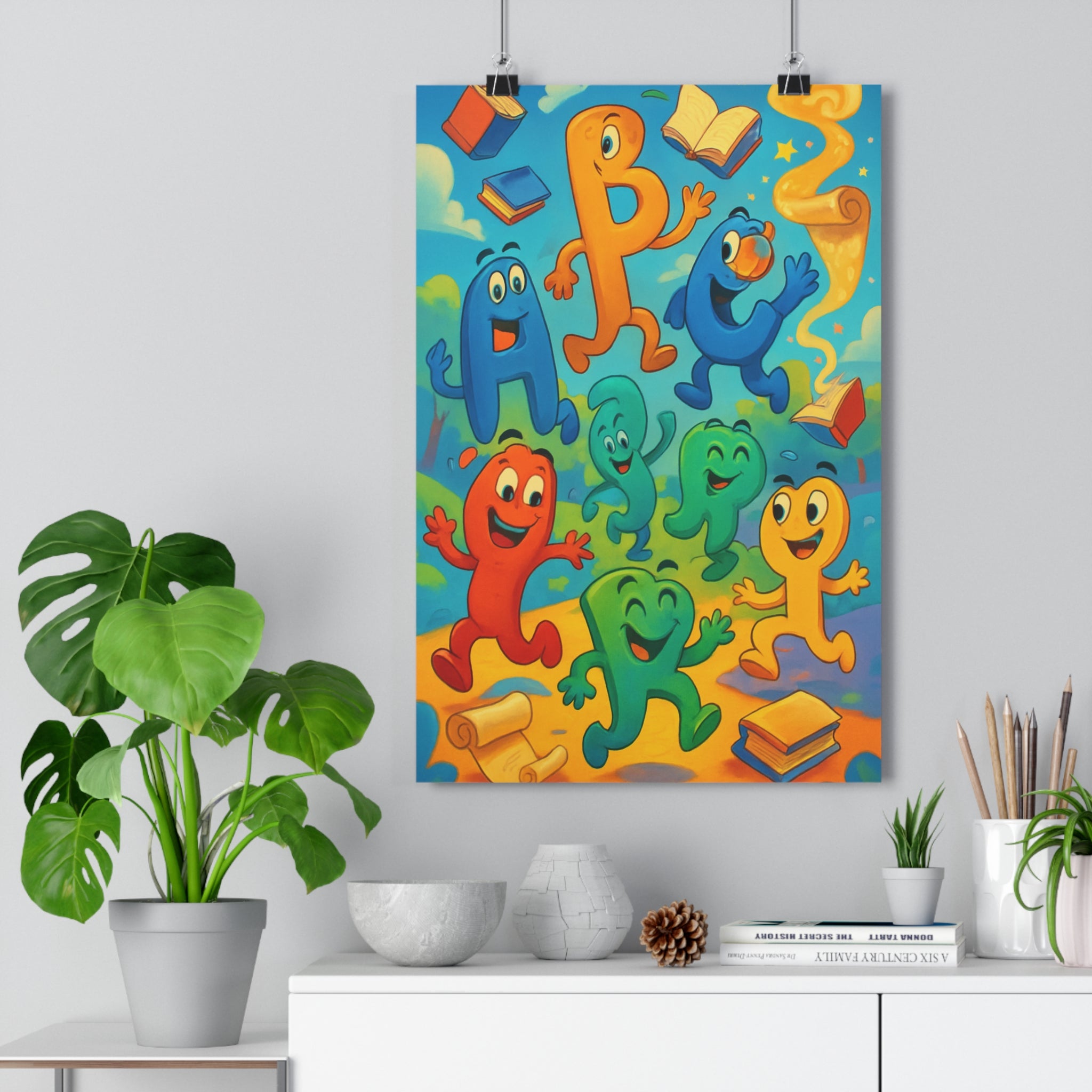 Poster décoratif alphabet animé bleu orange vert enfant chambre joyeux ludique magique fantaisiste dessin