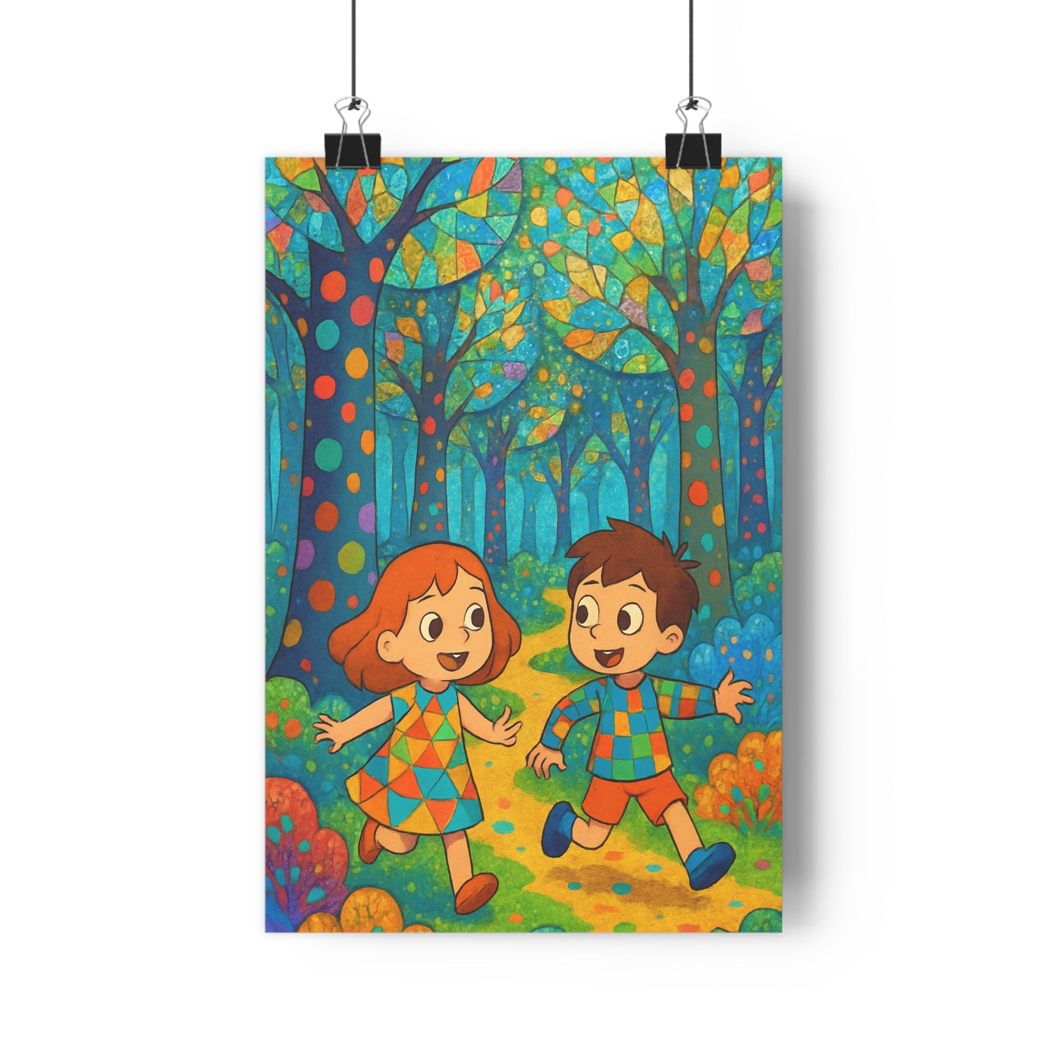 Poster décoratif forêt enchantée enfants joyeux coloré bleu orange vert chambre fantaisie surréaliste 30x46