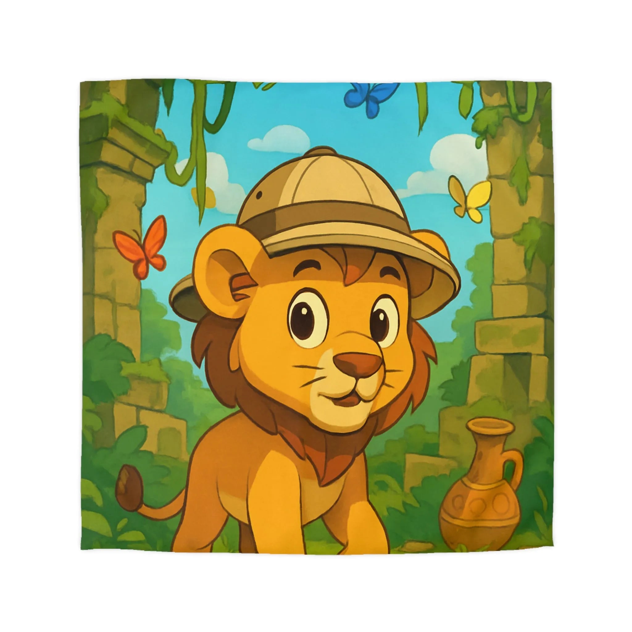 Housse de couette enfant safari lionceau explorateur avec papillons jungle dessin animé