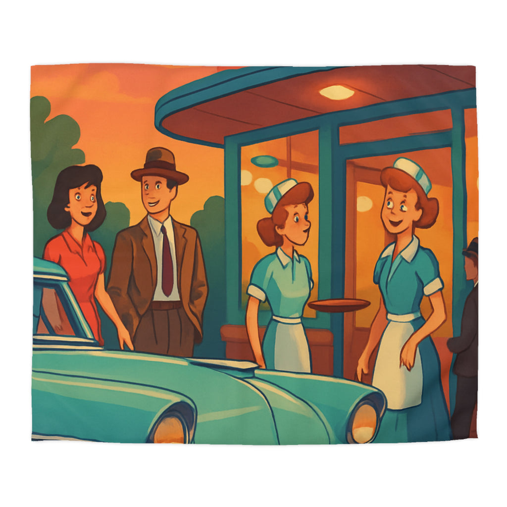 Housse de couette rétro avec illustration de café américain et voiture vintage