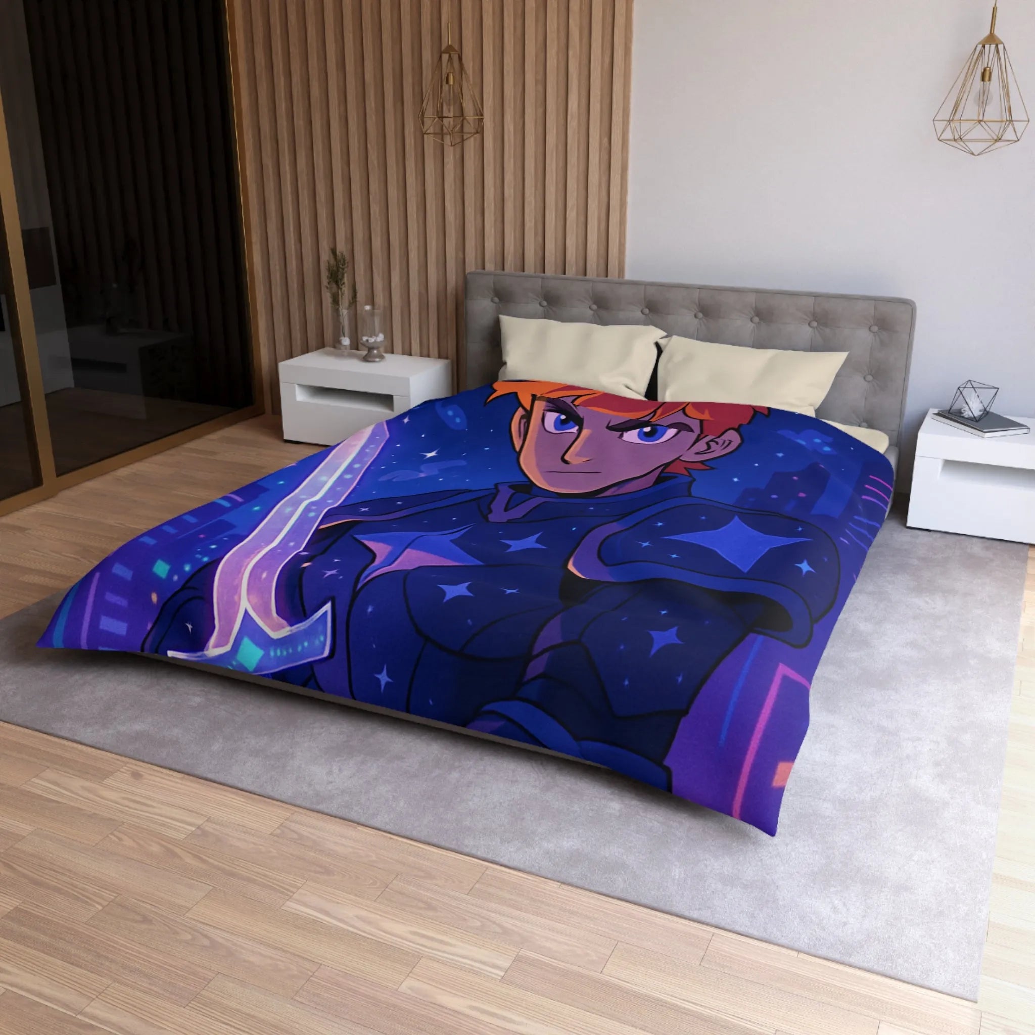 Housse de couette galactique avec chevalier et skyline futuriste pour chambre moderne