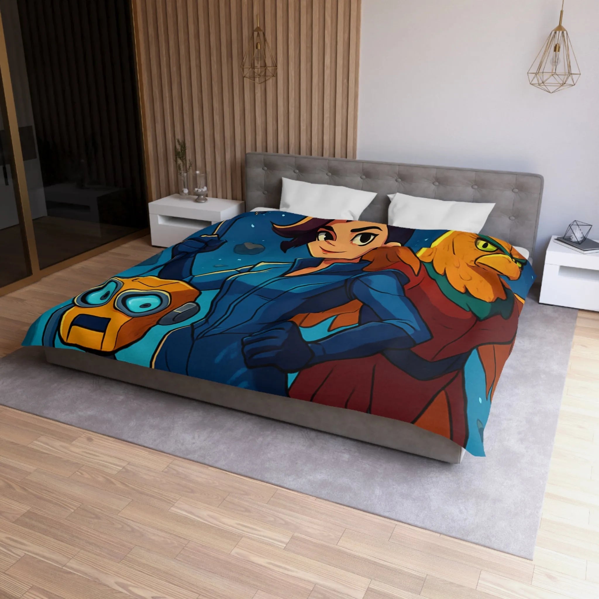 Housse de couette colorée avec exploratrice, robot et oiseau dans l'espace étoilé