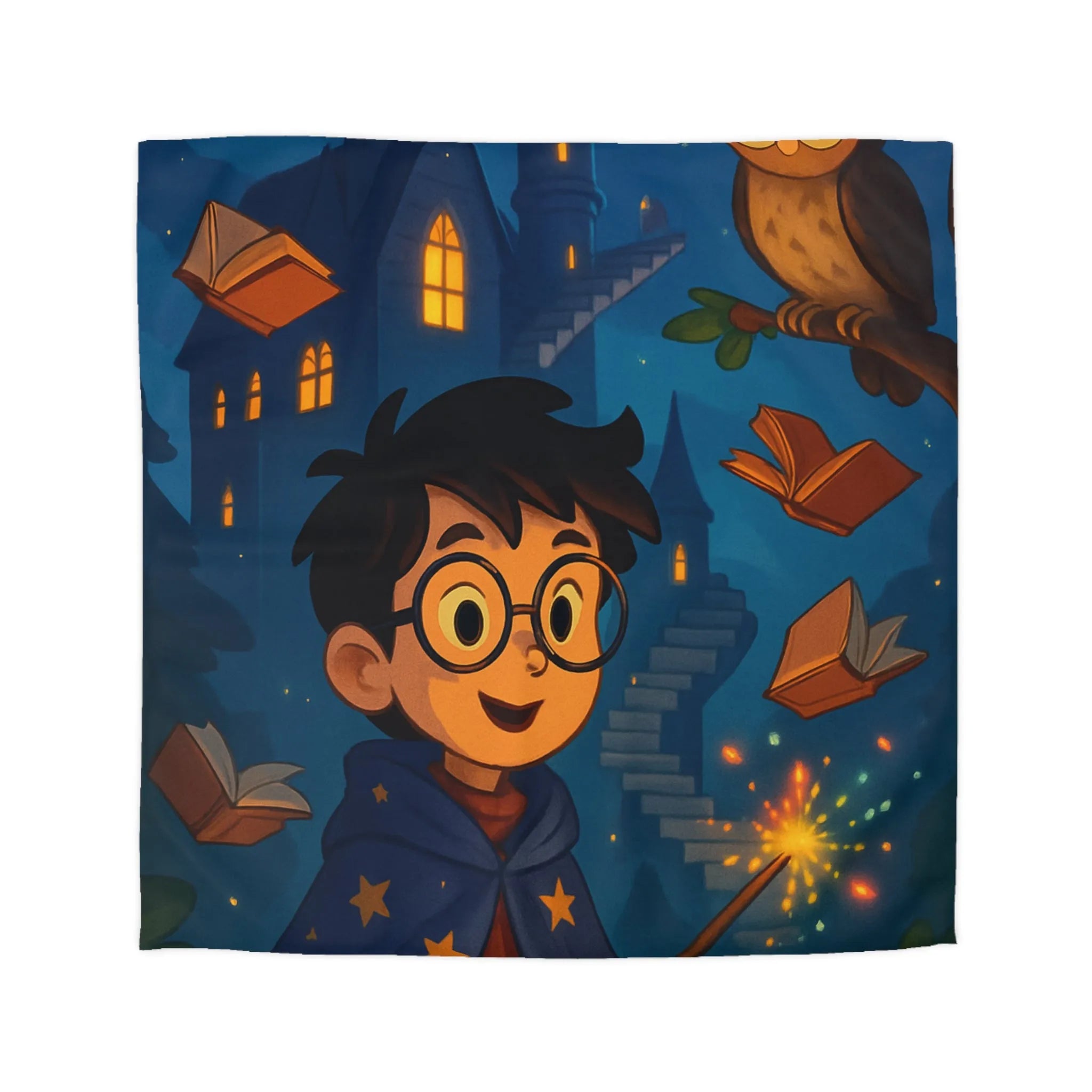 Housse de couette magique avec sorcier, hibou, château et livres enchantés étoiles