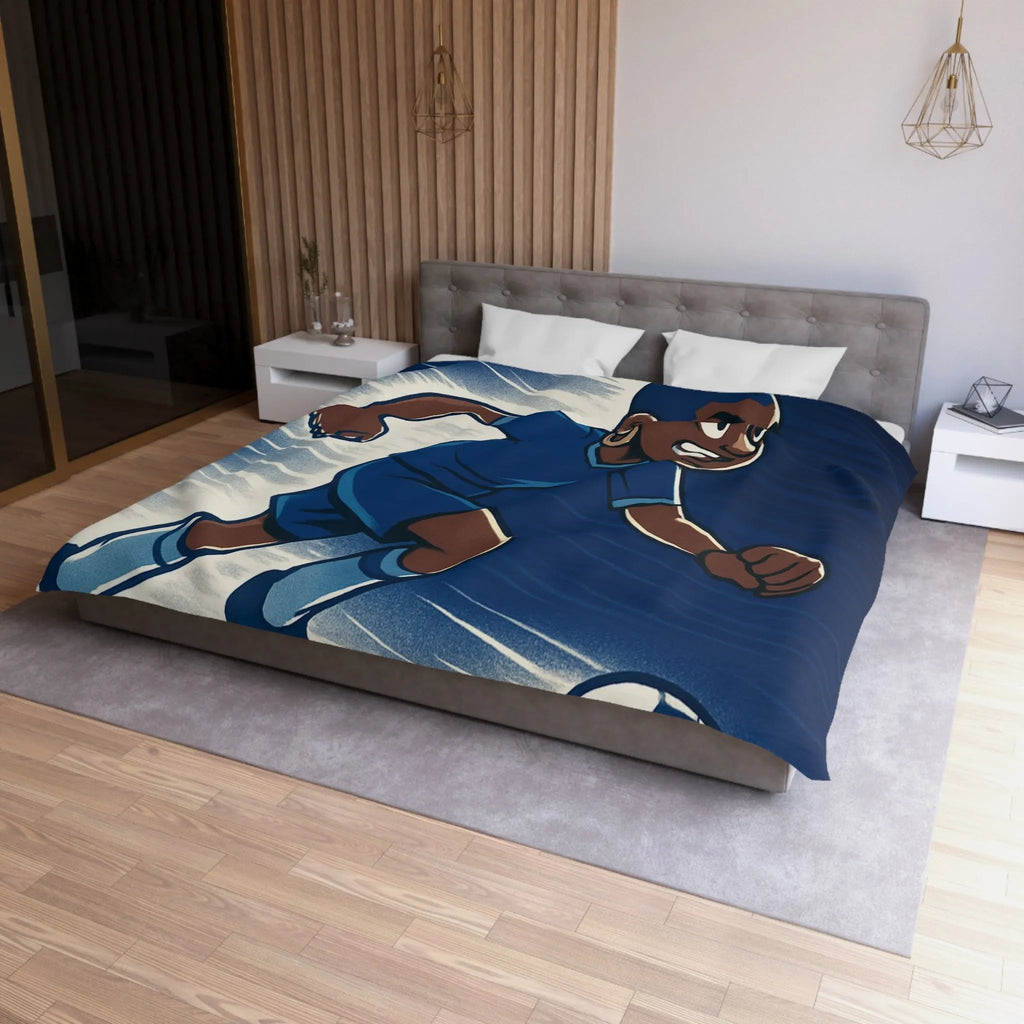 Housse de couette football dynamique garçon jouant au soccer style cartoon moderne bleu