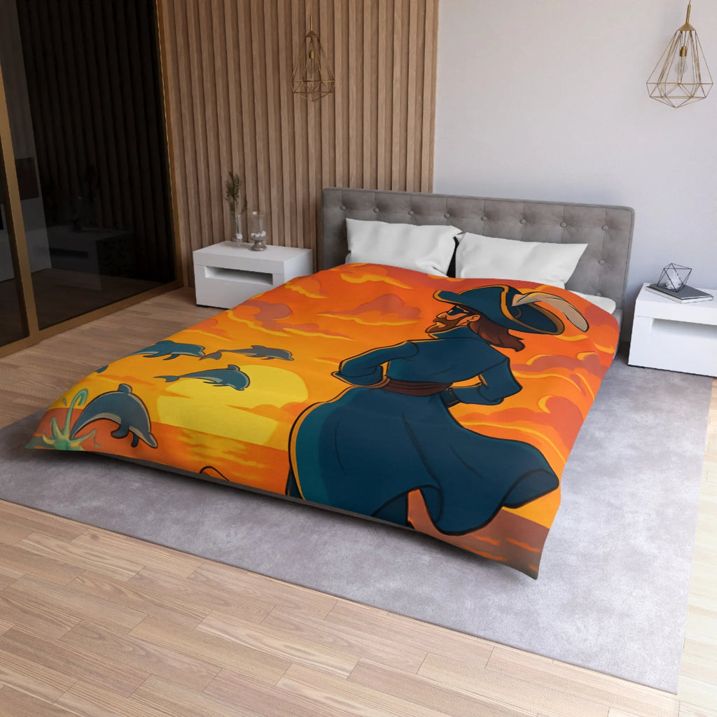 Housse de couette avec pirate contemplant dauphins sous ciel flamboyant au coucher du soleil