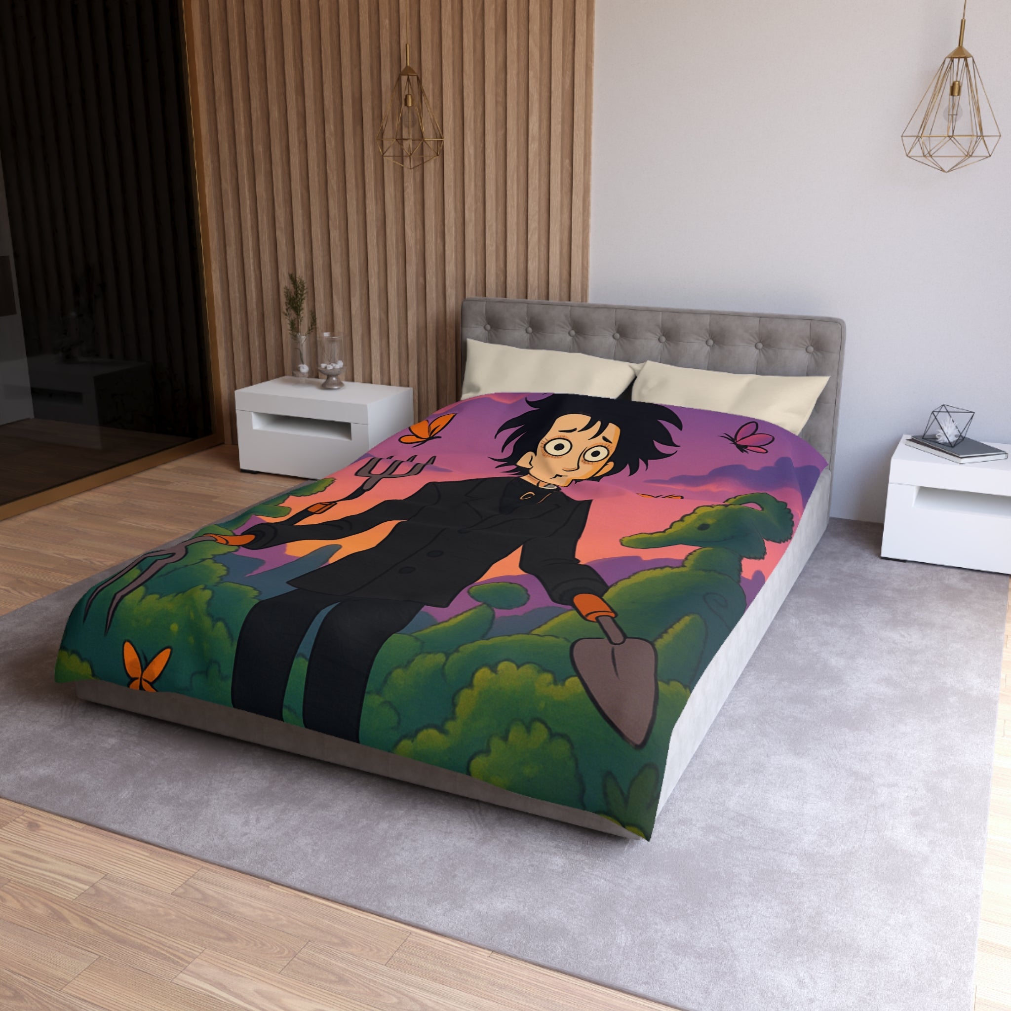 Housse de couette stylée avec personnage rêveur, jardin magique et papillons colorés