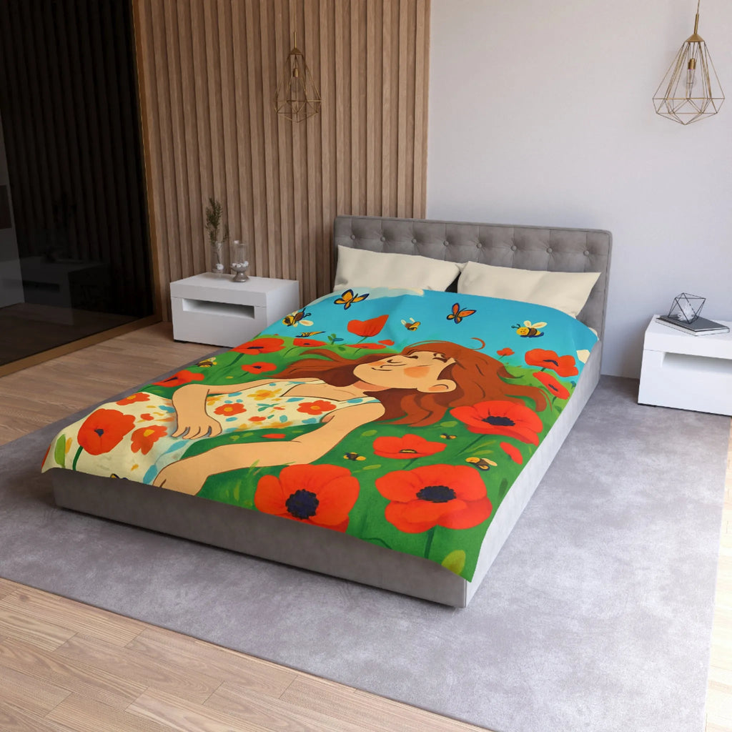 Housse de couette colorée avec motif floral et personnage rêveur en été ensoleillé