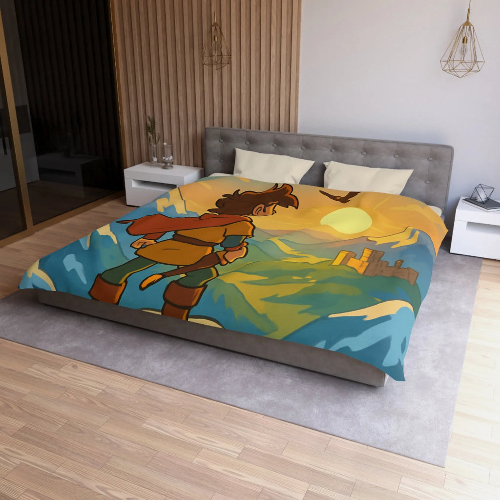 Housse de couette avec paysage montagneux, jeune aventurier et châteaux au coucher de soleil