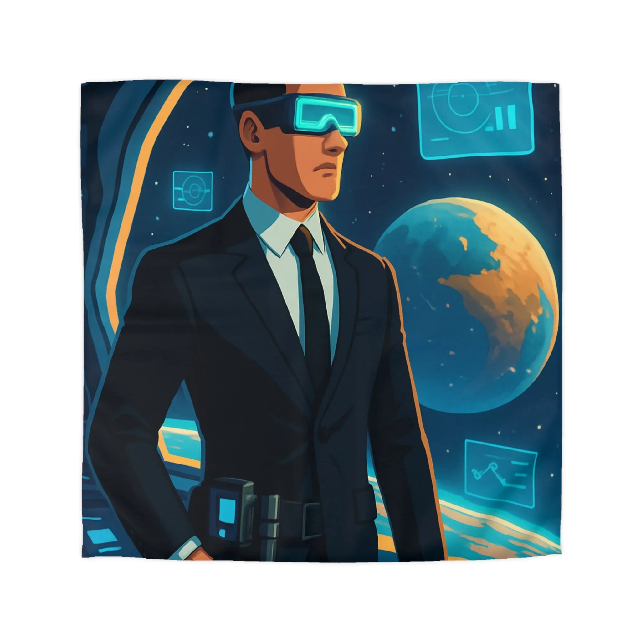 Housse de couette futuriste avec agent spatial et paysages cosmiques numériques immersifs