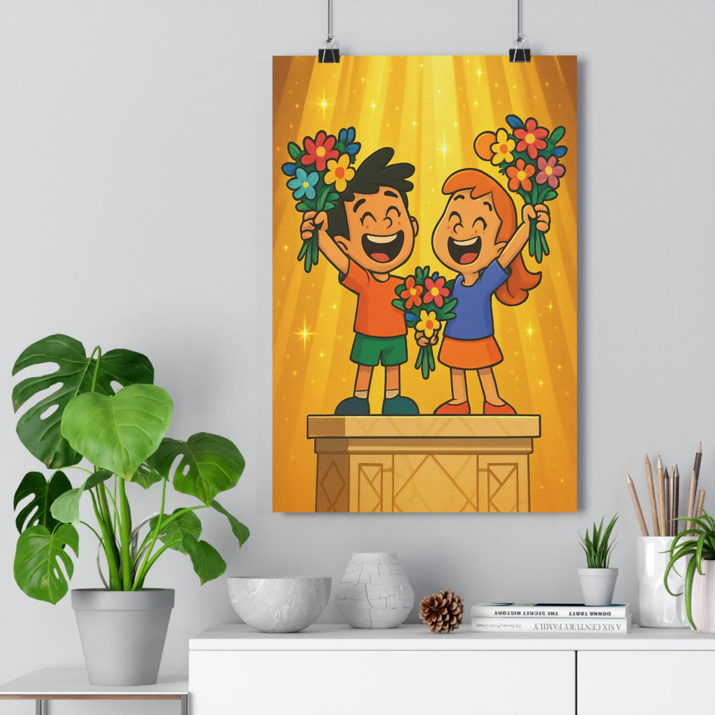 Poster décoratif enfants cartoon pastel doré joyeux chambre jeu ambiance festive lumineux 30x46 qualité