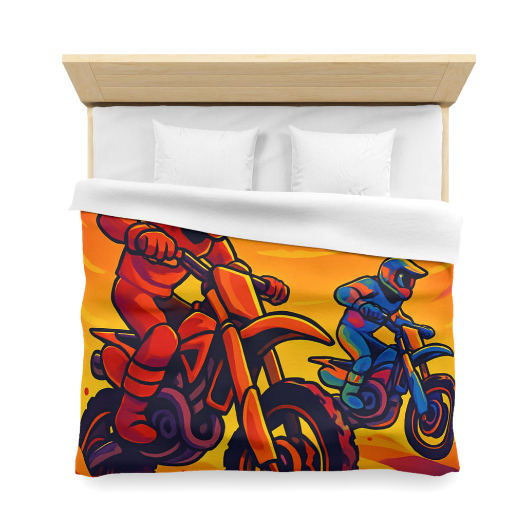 Housse de couette moto aventure: dynamique, couleurs vives, coucher de soleil dramatique